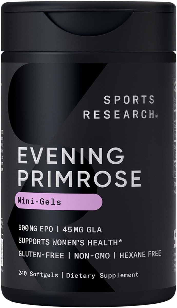Sports Research Evening Primrose Supplement from Cold Pressed Oil – Softgels for Women’s Health & Skin Health – Gluten Free & Non-GMO GLA – Primrose Oil 500mg, 240 Count