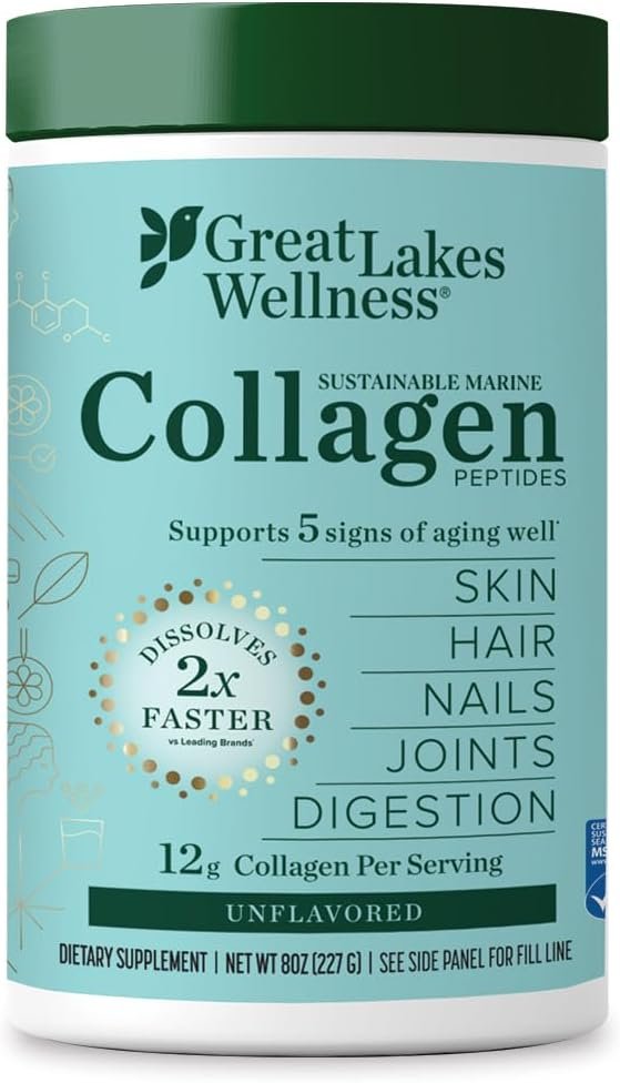 Great Lakes Wellness Sustainable Marine Collagen Peptides – Wild Caught MSC Certified – Unflavored Hydrolyzed Protein Powder – Support for Skin, Hair, Nails, Joints & Digestion – iGen Non-GMO – 8 oz