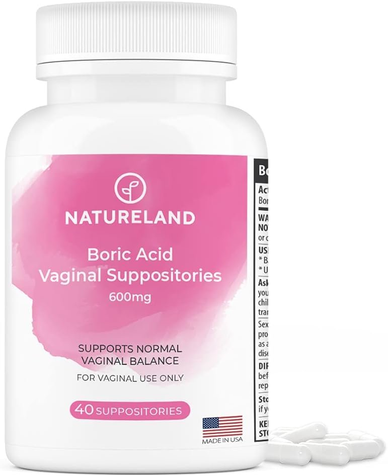 Natureland Boric Acid Suppositories for Women – 600mg, 40 Count – Made in USA – Feminine Care for pH Balance & Odor Control – Unscented Intimate Health Support