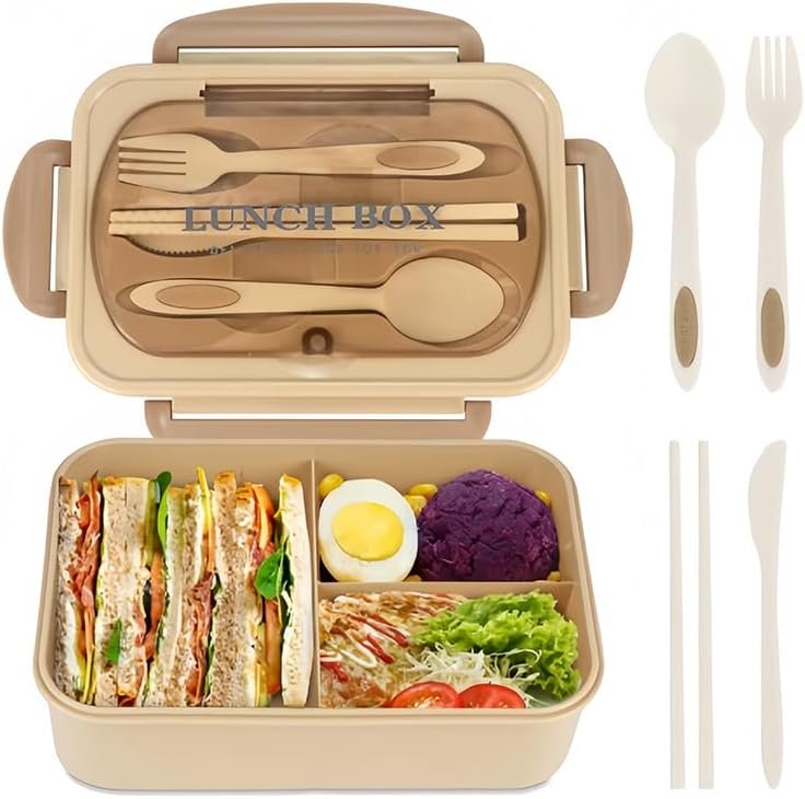 Bento Box, 40 oz Lunch Box, Microwave & Dishwasher Safe, Adults Men Women Lunch Containers with 3 Compartments and Utensil Set for Meal Prep & Food Storage