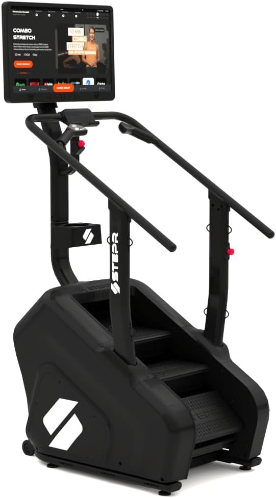STEPR+ Stair Master with 27″ Touchscreen, Commercial Grade Stairmaster Machine for Home, 140 Steps/Min, Bluetooth & WiFi Stepper Machine, Resistance Band Attachments, Mobile App, 375 lb Capacity
