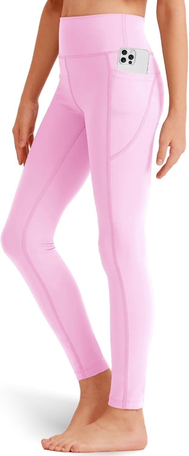 Girls’ Black Athletic Leggings with Pockets, White Ankle Length Yoga Pants for Kids