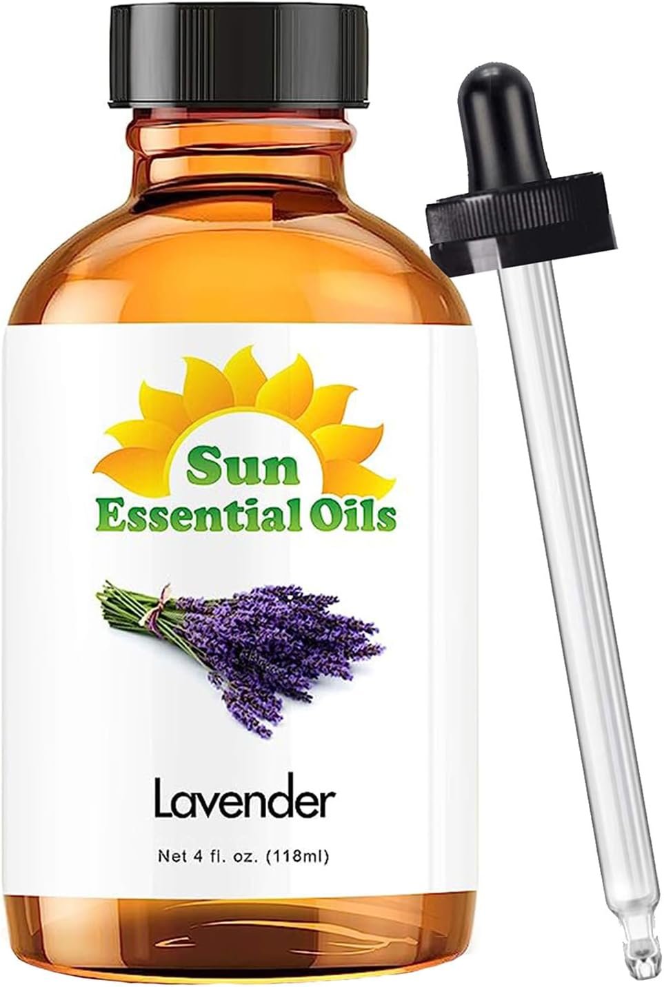 Sun Essential Oil – Lavender Essential Oil 4 oz (118 ml) with Dropper for Diffuser, Humidifier, Skin, Aromatherapy Massage, Scented for Soap & Candle Making at Home, Calming Aroma for Sleep