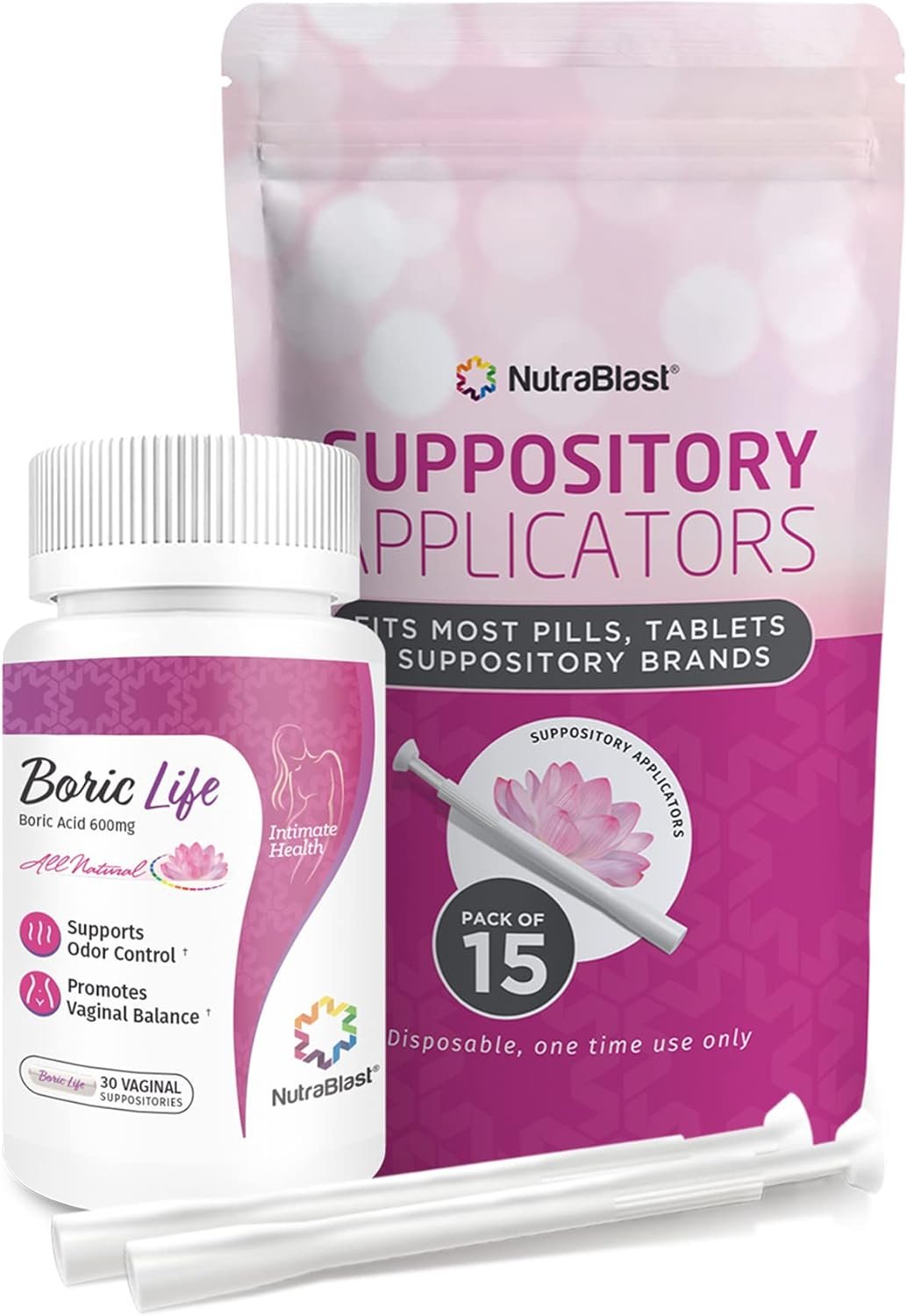 NutraBlast Boric Acid Suppositories 600mg Bundle with Applicator, 30 Suppositories & 15 Applicators – Feminine Care – Made in USA