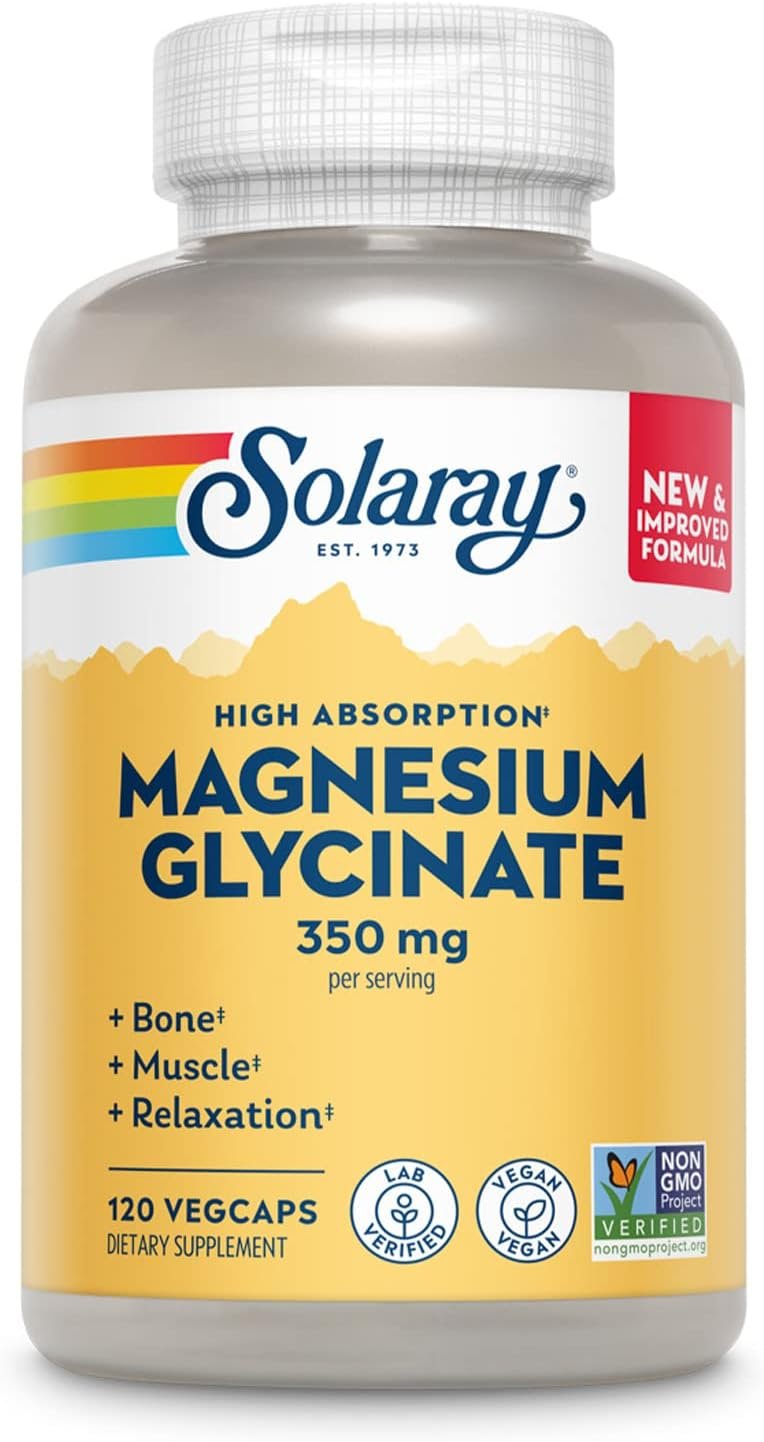 SOLARAY Magnesium Glycinate Capsules, Chelated Magnesium Bisglycinate w/BioPerine, Higher Absorption Magnesium Supplement – Bones, Muscles, Heart Support, Vegan (30 Servings, 120 VegCaps)