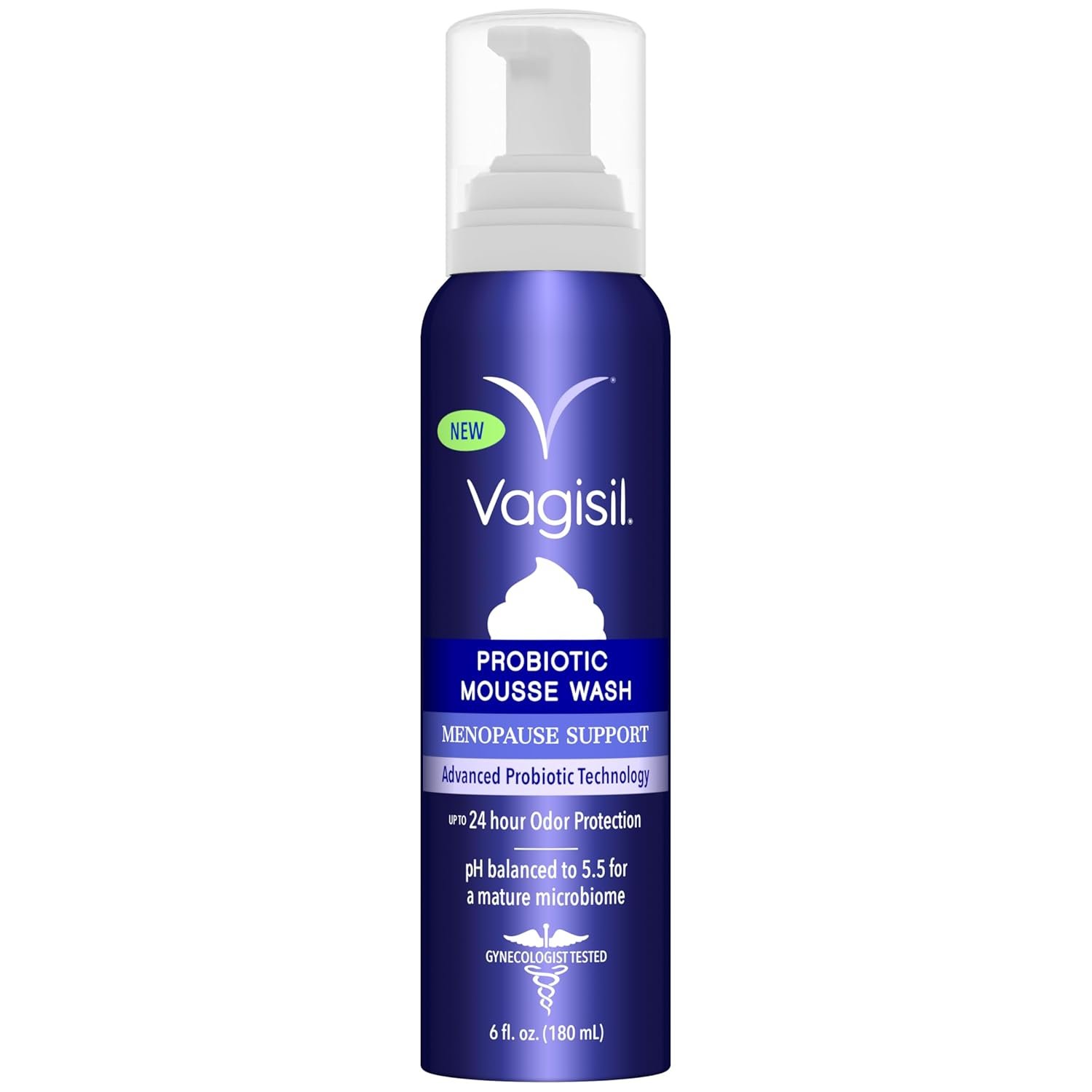 Vagisil Menopause Support Probiotic Mousse Wash, pH Balanced for Mature Microbiome, 24 Hour Freshness, Light Botanical Scent, Gentle Formula For Mature Skin, Sulfate-Free, 6 oz