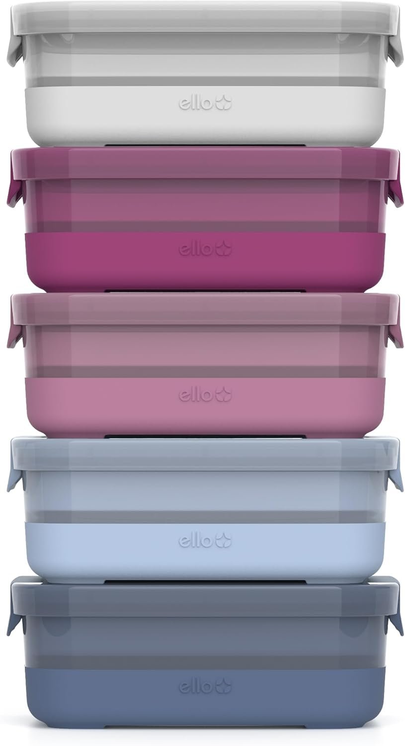 Ello Plastic 3.7 Cup Meal Prep Set 10 Pc, 5 Pack Set – BPA Free Plastic Food Storage Container with Silicone Boot and Airtight Lids, Dishwasher, Microwave, and Freezer Safe, Elderberry