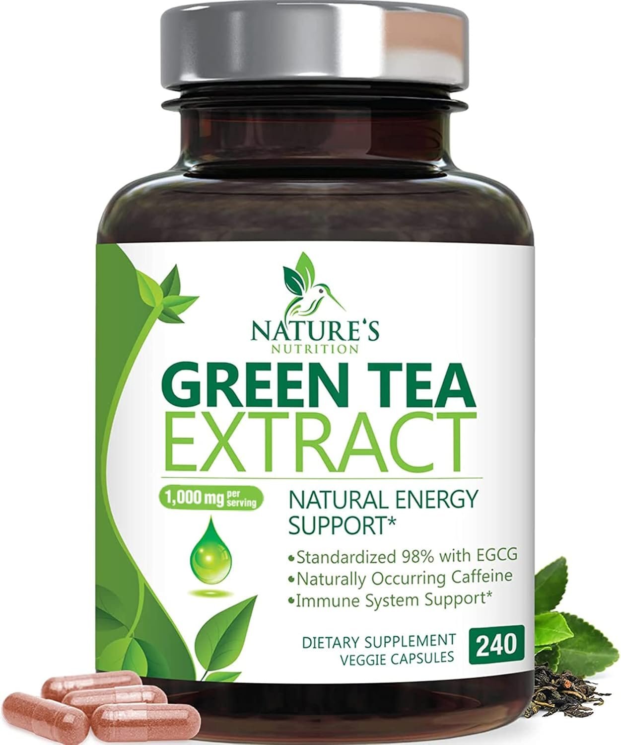 Green Tea Extract Capsules 1000 mg Per Serving – 3X Strength Green Tea Pills with 45% EGCG & 98% Polyphenols for Natural Energy – Vegan Antioxidant Herbal Supplement for Heart Support – 240 Capsules