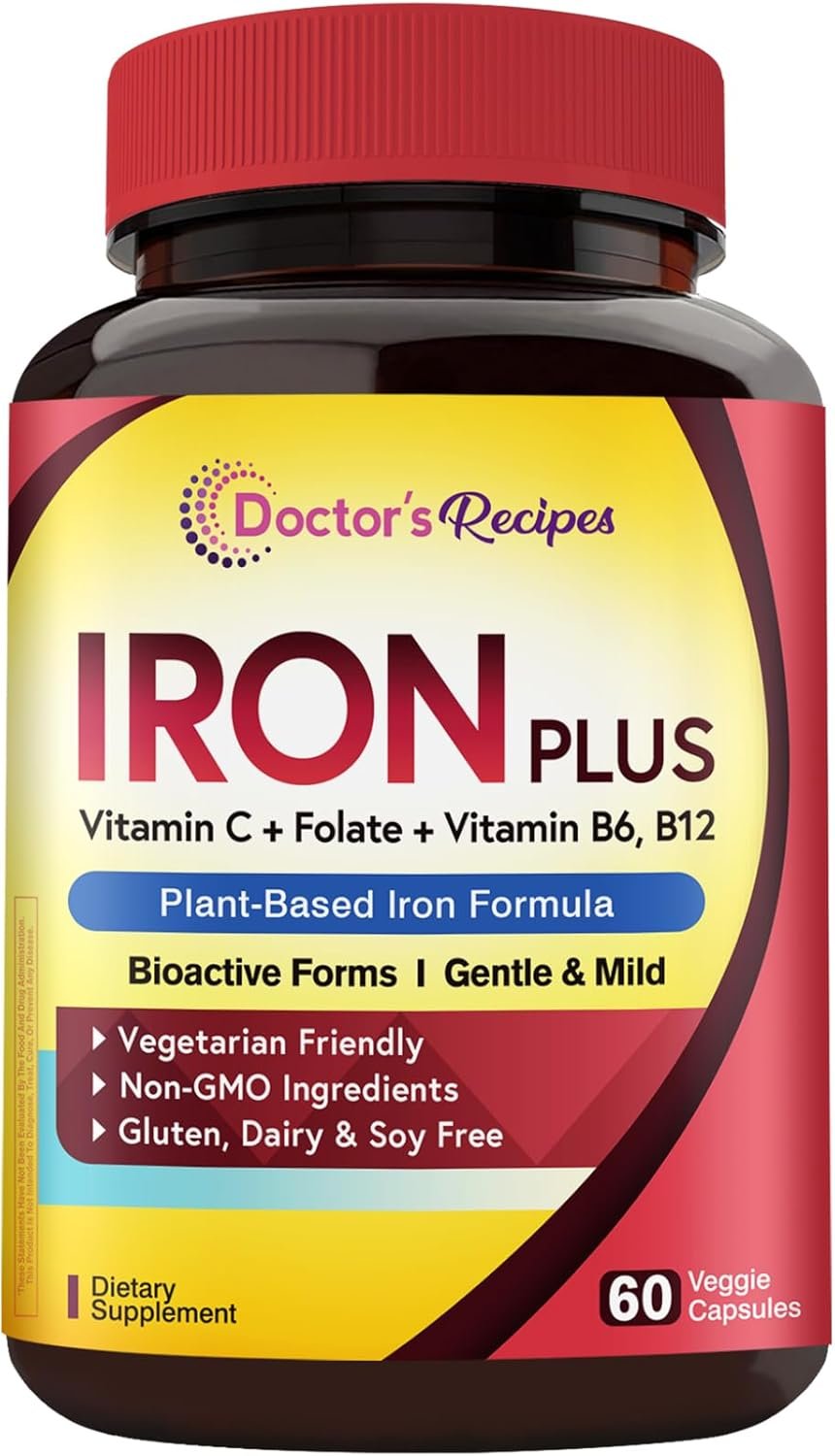 Doctor’s Recipes Iron Supplement, Iron Bisglycinate with Vitamin C, B6, Folate & B12, Non-Constipating, Stomach Friendly, Gentle Iron Pills, 60 Vegan Caps