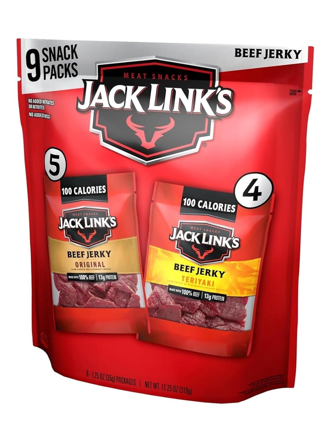 Jack Link’s Beef Jerky Variety Pack – Original and Teriyaki – (9 Pack) 1.25 oz Bag – Ready to Eat Protein Snacks – 13g Protein per Serving – Made with 100% Real Beef