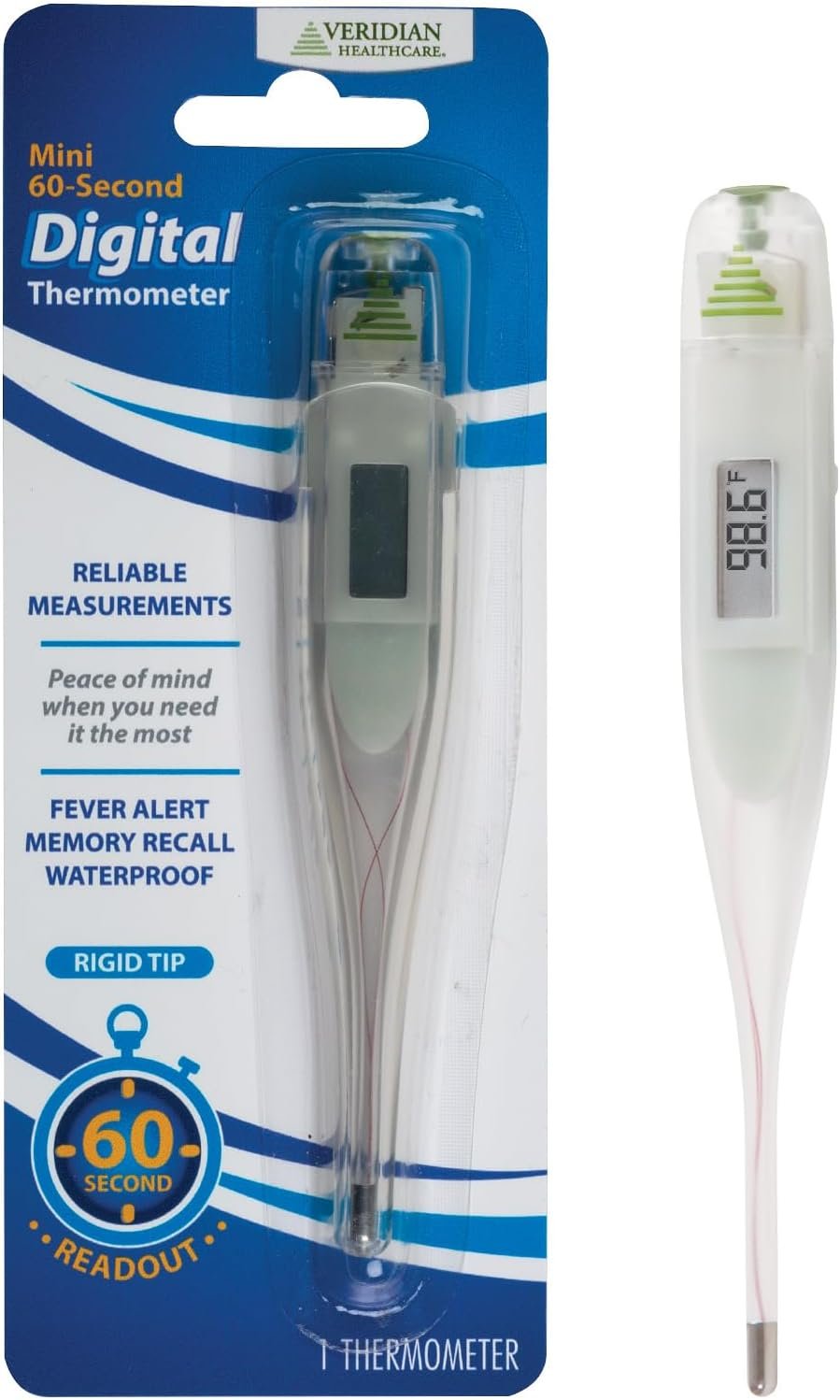 Veridian Healthcare Digital Thermometer | 60-Second Readout | Fahrenheit Measurements | Rigid Tip | Fever Alert | One-Year Warranty