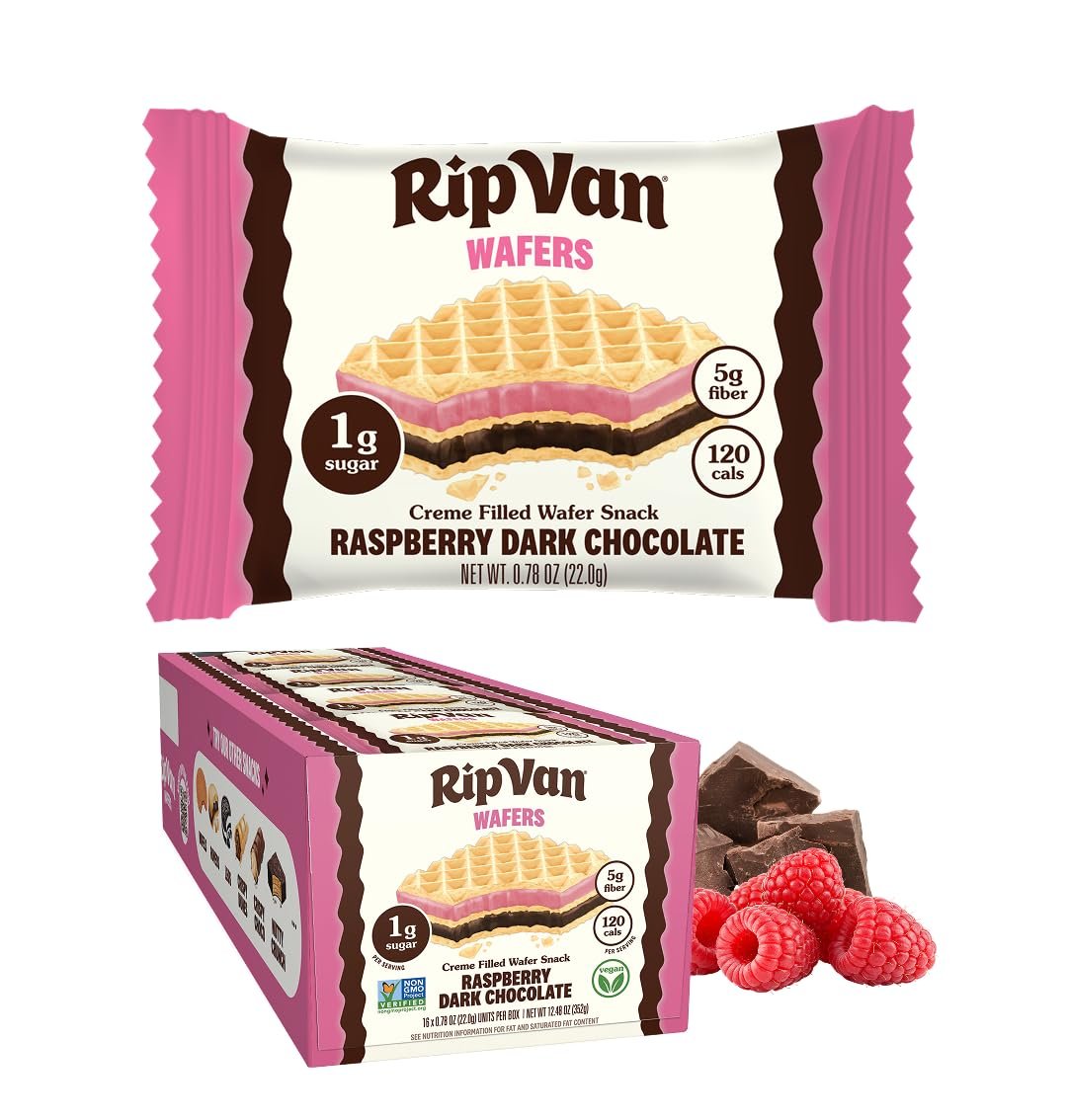 Rip Van Raspberry & Dark Chocolate Wafer Cookies – Healthy Snacks – Non GMO Keto Cookies – Keto Snacks – Low Carb, Low Sugar (1g), Low Calorie and Vegan Snack – 16 Count