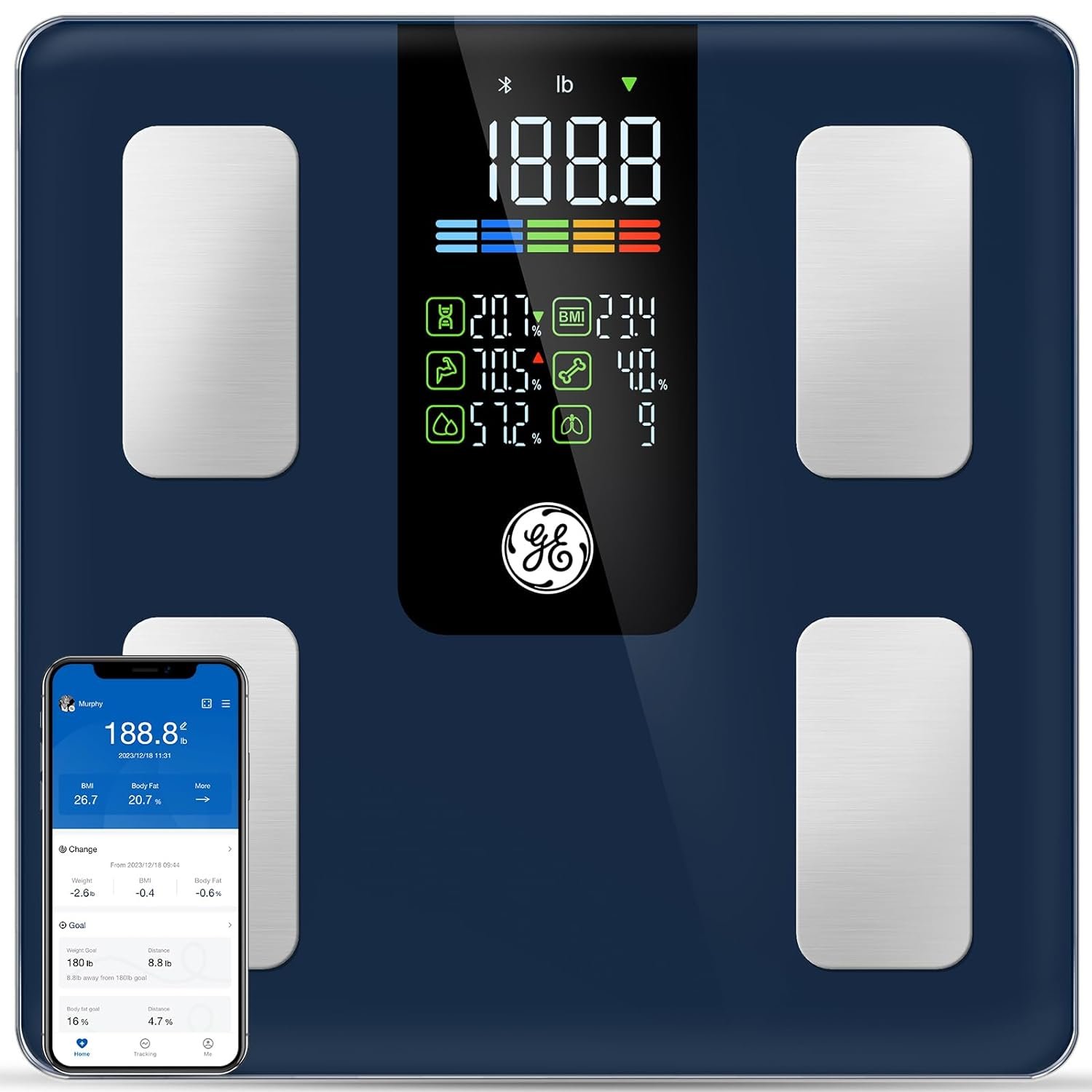 GE Smart Scale for Body Weight, BMI, Fat, Muscle Mass, Digital Bathroom Scales 500lbs Bluetooth 11.8″ Large Platform Weighing Machine Health Monitor with App, Dark Blue