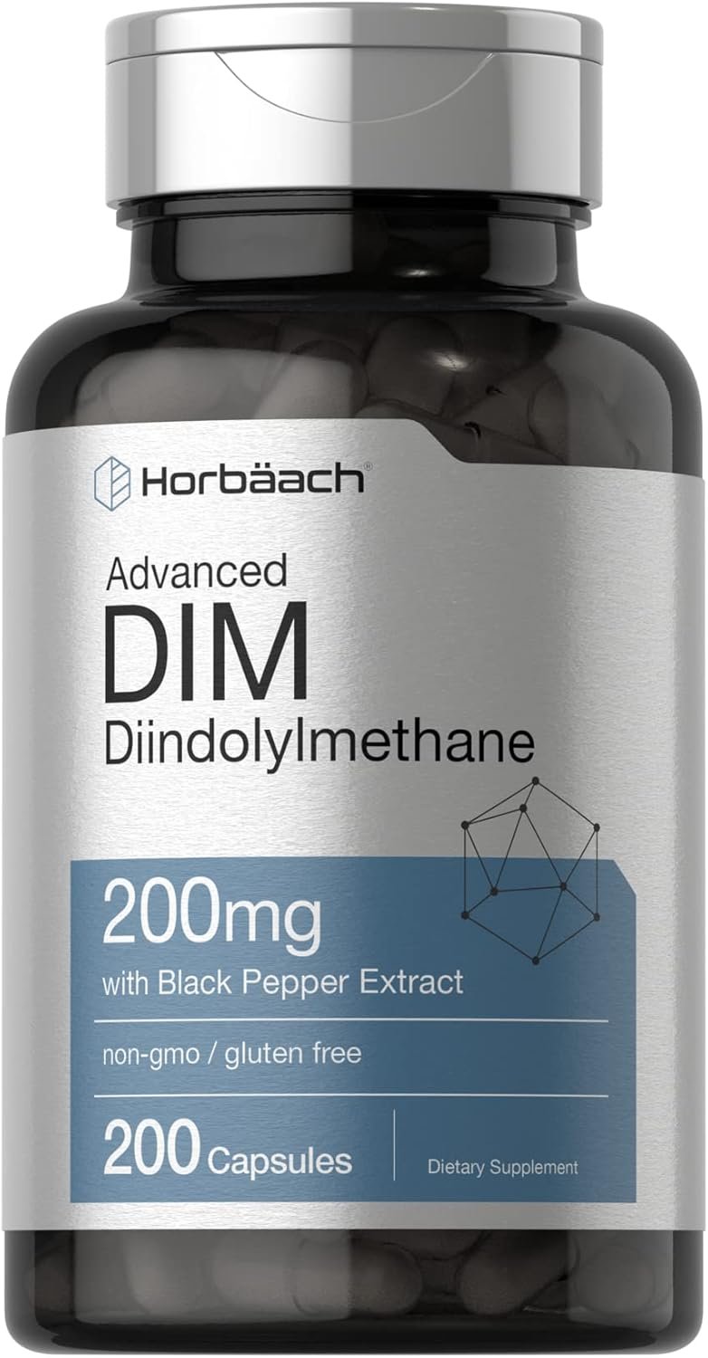 Horbäach DIM Supplement | 200mg | 200 Capsules | Diindolylmethane with Black Pepper Extract | Non-GMO, Gluten Free Formula
