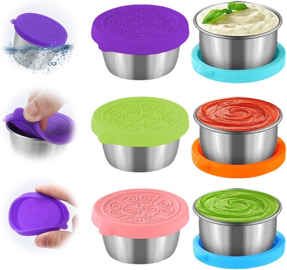 6 Pack 1.7 Oz Salad Dressing Containers with Lids, Small Leakproof Reusable Stainless Steel Sauce Cups Salad Dressing Container with Silicone Lids for Lunch Box, Picnic and Travel (50 ml)