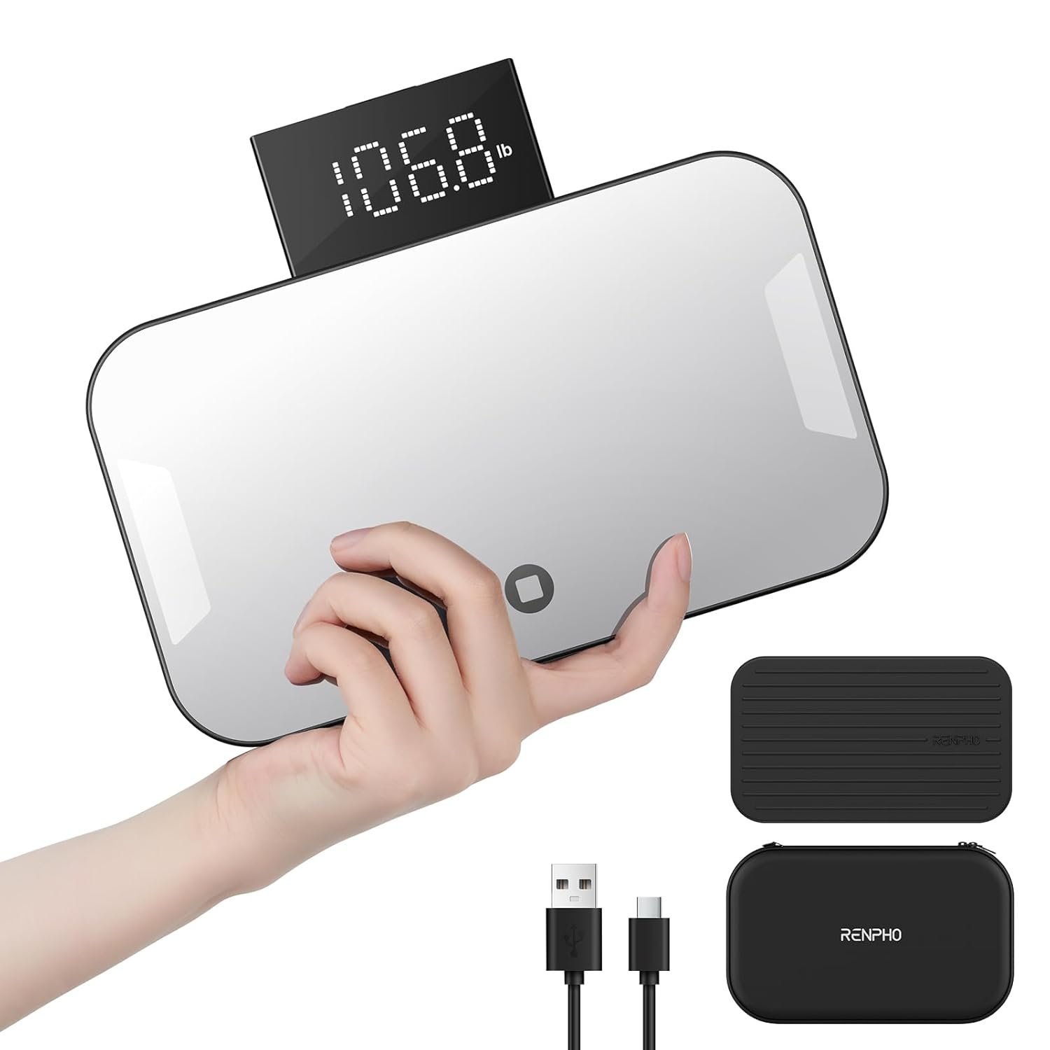 RENPHO Portable Rechargeable Scale for Body Weight, Travel Weight Scale with Travel Makeup Mirror, Slide-Out LED Display, Digital High Accurate Scale for Traveling, 400lbs, Core Go, 8.98″ x 5.28″