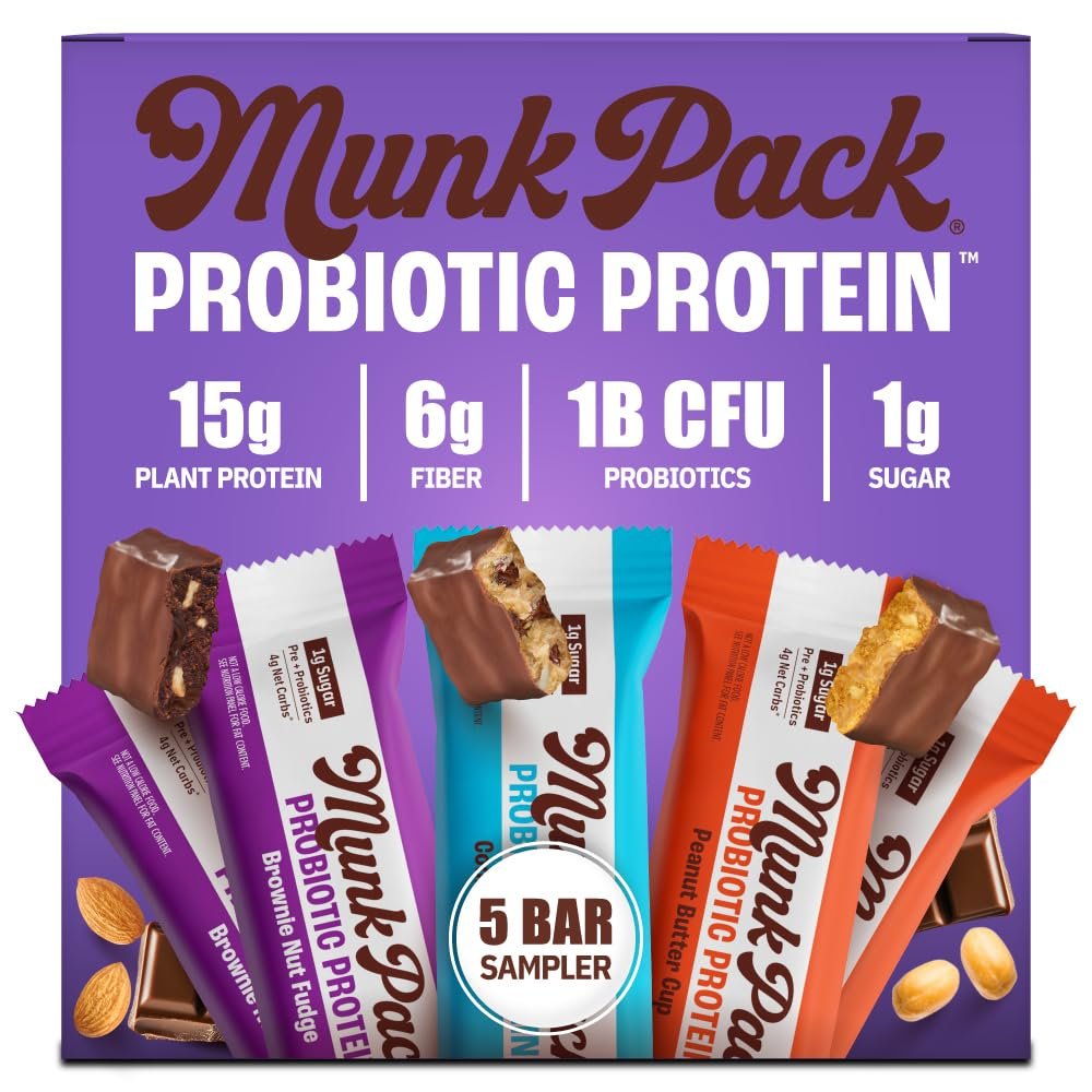 Munk Pack Sampler Pack Probiotic Protein Bars | Keto-Friendly 15g Plant Protein, 1g Sugar, 4g Net Carbs – Vegan, Low Carb, Gluten-Free Healthy Snacks | 5 Count