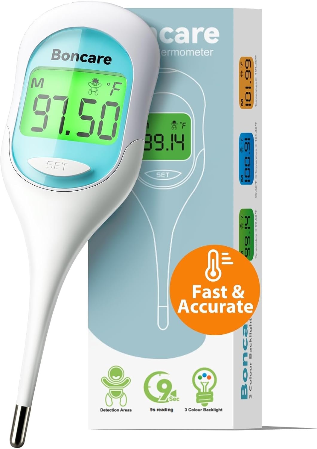 Boncare 9 Seconds Digital Basal Thermometer – Accurate Oral & Rectal Thermometer for Adults & Kids, Fever Alarm, Large Display (Blue)