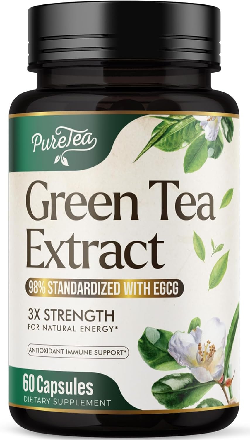 Green Tea Extract Capsules 1000mg – 98% Polyphenols & 45% EGCG for Heart Support with Antioxidants – 3X Absorption Green Tea Pills Supplement for Natural Energy, Gentle Caffeine – 60 Capsules