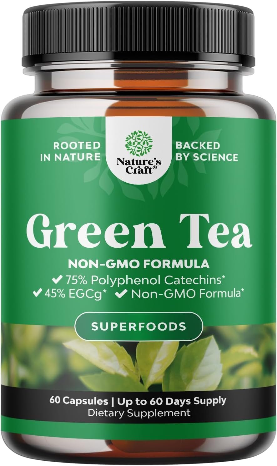 Green Tea Extract Capsules – 500mg Pure Leaf Green Tea Caffeine Supplement – EGCG, Caffeine Extract & Polyphenols Supplement for Healthy Metabolism Support for Women & Men – Natural Detox – 60 Count