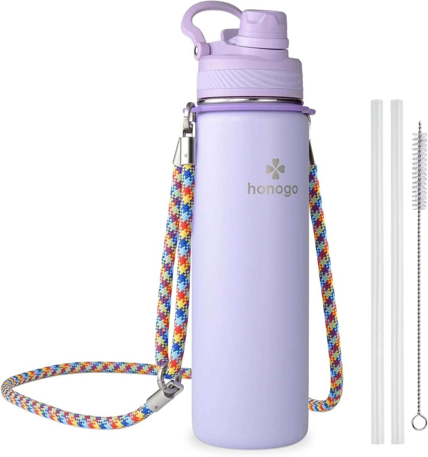 24 oz Insulated Water Bottle with Shoulder Strap, Stainless Steel Tumbler with 2-in-1 Straw & Spout Lid, Fashion Water Flask for Women & Girls. Keep Cold 24H / Hot 12H, BPA Free (Light Purple, 24 oz)