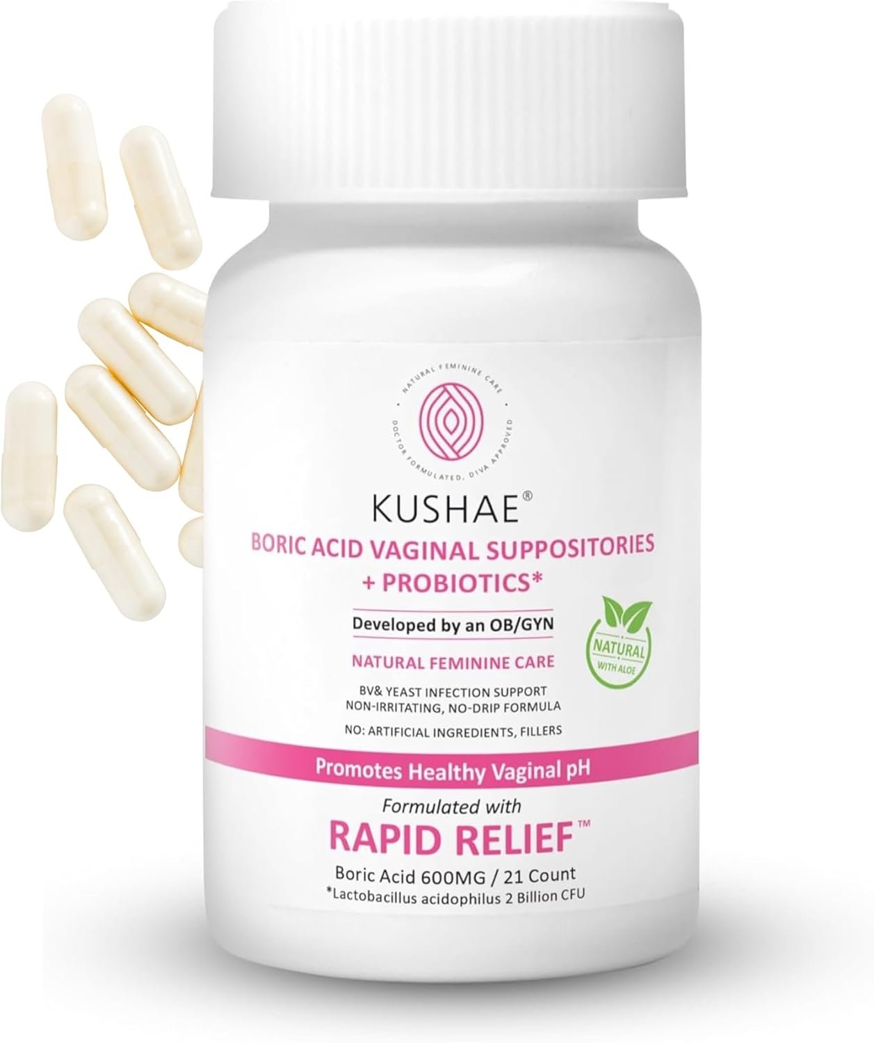 Kushae Boric Acid Suppositories + Rapid Relief, All Natural Female Suppositories with Probiotics & Aloe Vera, Relieves Discomfort & Balances pH Level Bottle Only 21 Capsules