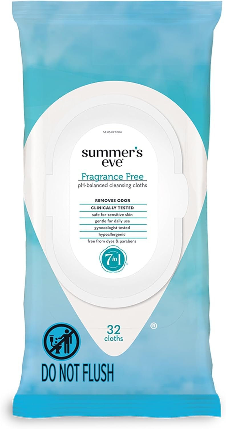 Summer’s Eve Fragrance-Free Feminine Wipes, Gentle pH-Balanced Micellar Water Based Formula Helps Control Vaginal Odor, Resealable Pack, 32 Wipes