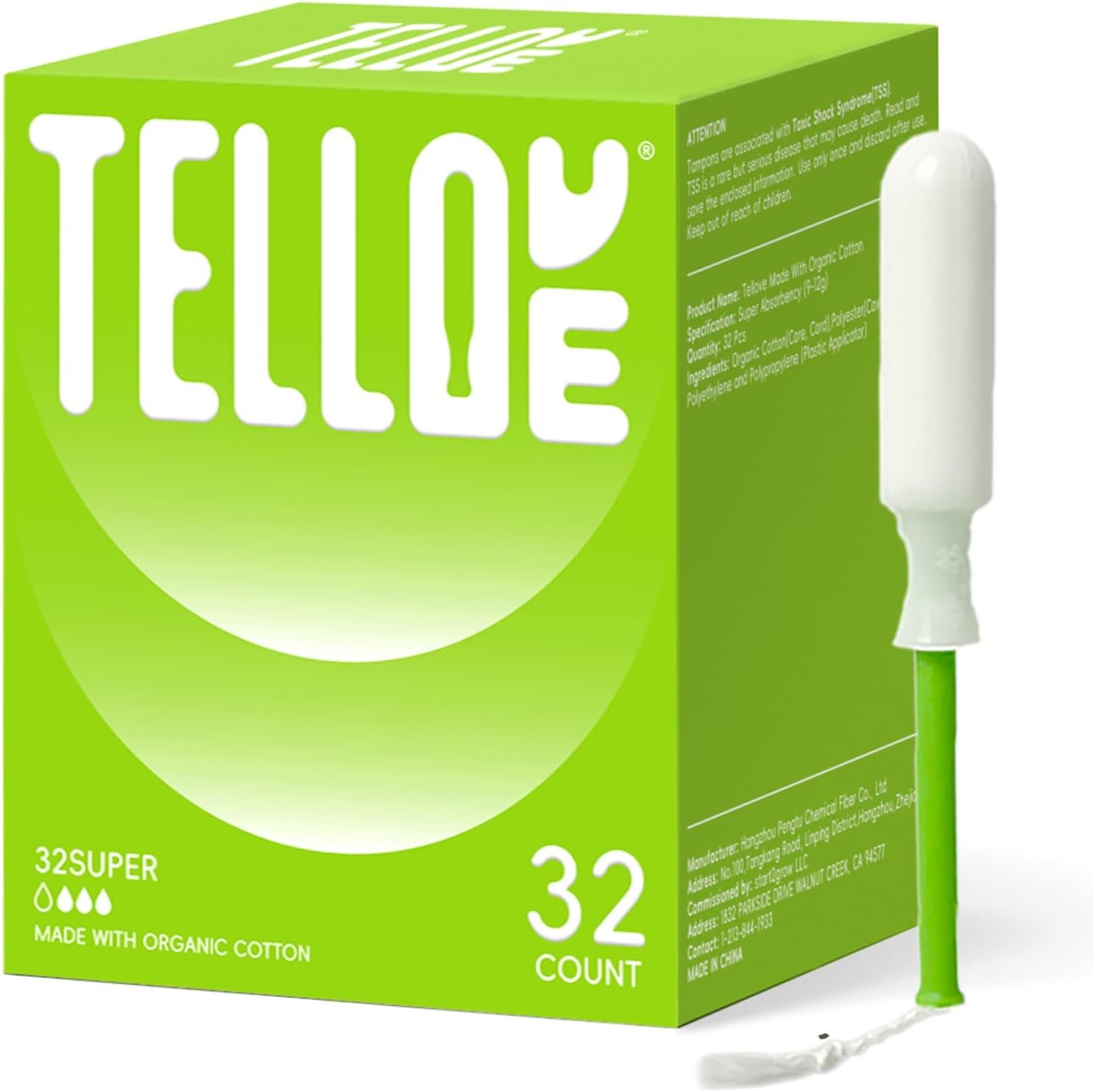 Tellove Tampons with 100% Organic Cotton Core – 32 Count(32 Super Tampons), Featuring 360° Comfort-Expand Technology with BPA-Free Applicator, Leak-Proof for 8 Hours, Comfort-Fit for Sensitive Skin