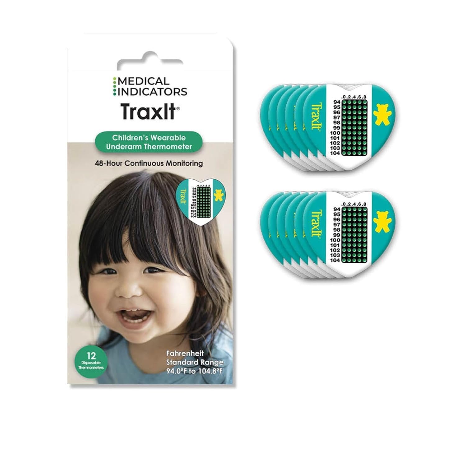 Wearable Axillary Thermometer for Kids, Single Use Pediatric Thermometer Patch for Babies, Toddlers, & Children, Designed for Up to 48 Hours of Wear, Home or First Aid Use, Fahrenheit, 12 Pack