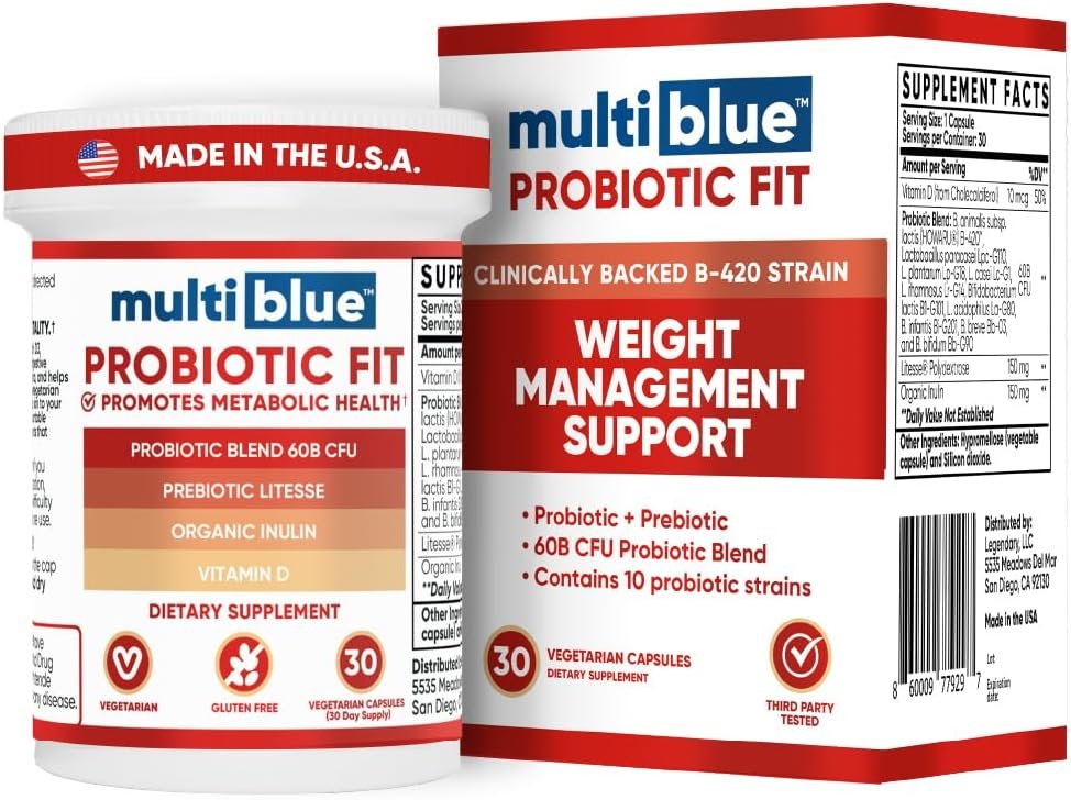 MultiBlue Probiotic Fit – Supports Natural GLP-1 & Appetite Control for Women & Men, Bifidobacterium B-420, Digestive & Gut Health, 10 Probiotic Strains, 60 Billion CFU, Prebiotic + Vitamin D3, 30ct