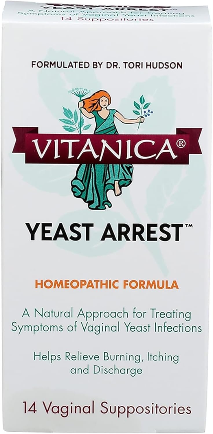 Vitanica Yeast Arrest, Homeopathic Vaginal Suppositories, for Yeast Infection Symptoms, Relieves Burning, Itching & Discharge, with Boric Acid, Tea Tree Oil & Probiotics, Vegan, 14 Count