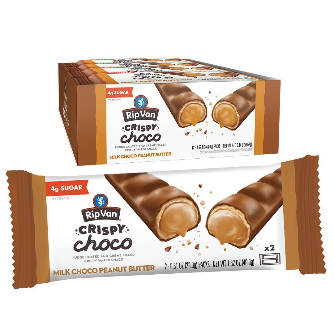 Rip Van Crispy Choco – Chocolate Coated Peanut Butter Wafer Bars – Low Sugar Fudge and Peanut Butter Cream Filled Snack – 12 Pack