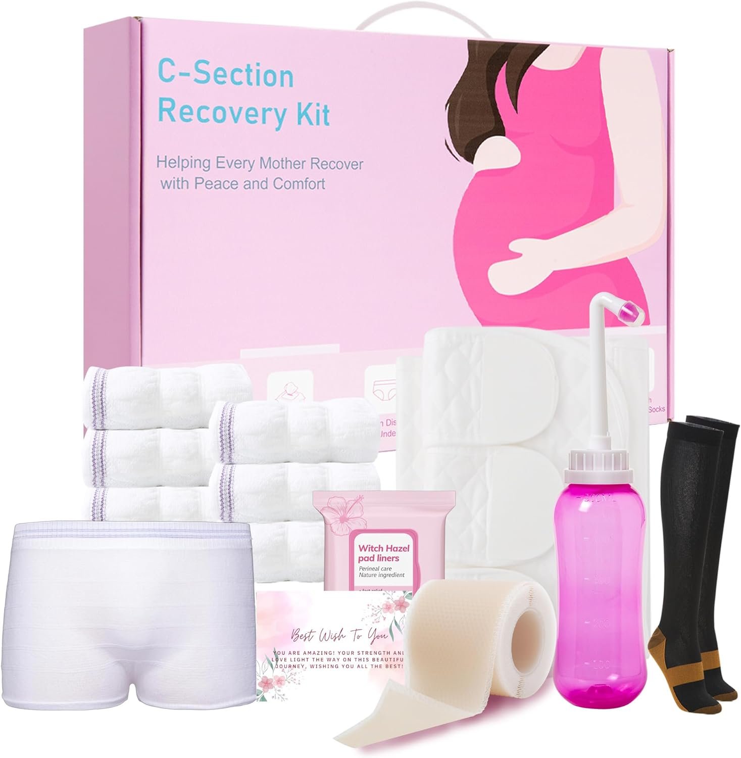 C Section Recovery Must Haves Kit – Peri Bottle,Disposable Mesh Underwears,Witch Hazel Pad Liners,Silicone Scar Patches, Abdominal Belly Binder,Socks,C-Section Recovery Essentials Kit