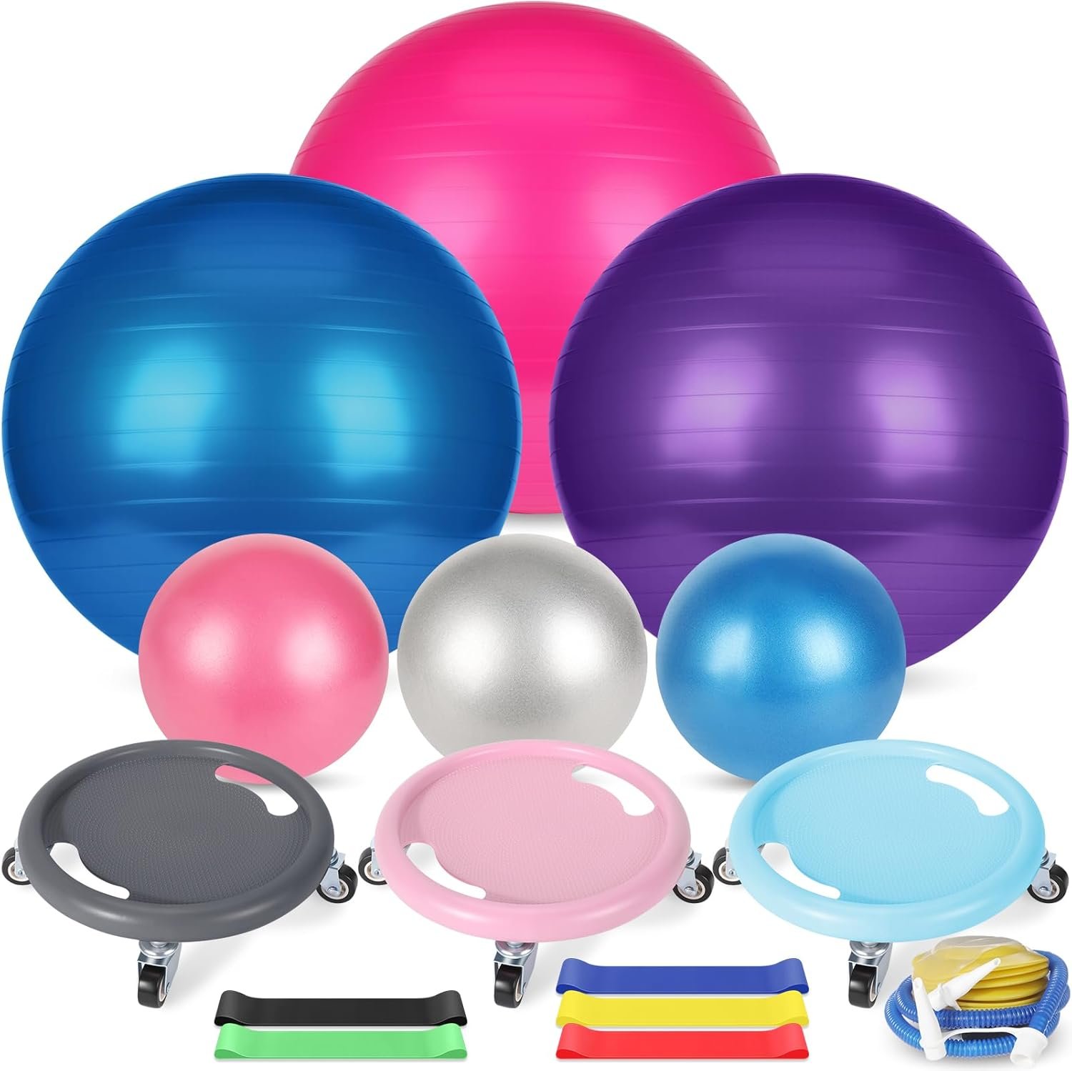 Soulchen 14 Pcs Yoga Pilates Equipment for Women Include Abdominal Roller Wheel 26 Inches Pilate Ball with Pump Exercise Resistance Bands 9.8 Inches Fitness Balls for Home Office Gym Fitness