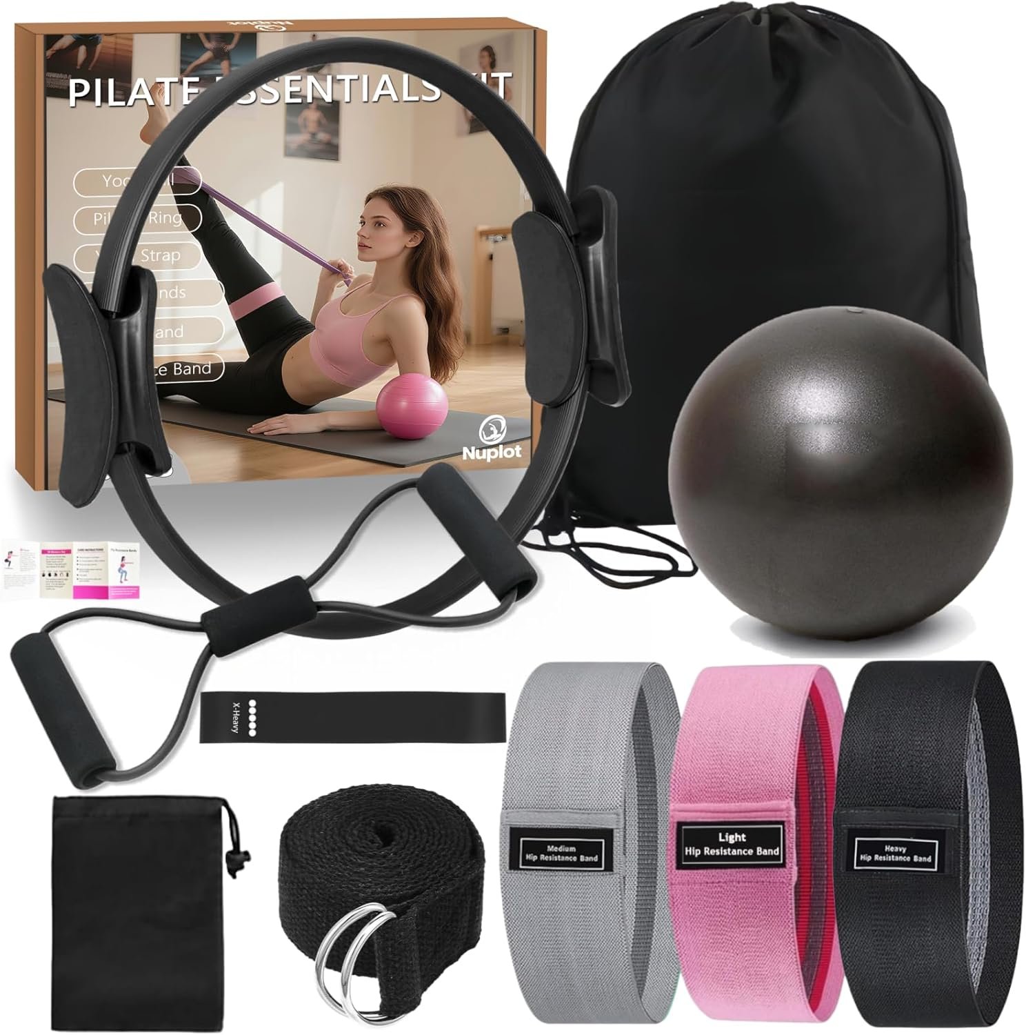 Pilates Equipment 15″ Pilates Ring Plus, Pilates Kit for Home Workouts, Pilates Essentials Kit for Women with Pilates Ring and Ball Set, Booty Bands, Figure 8 Resistance Band, Yoga Band