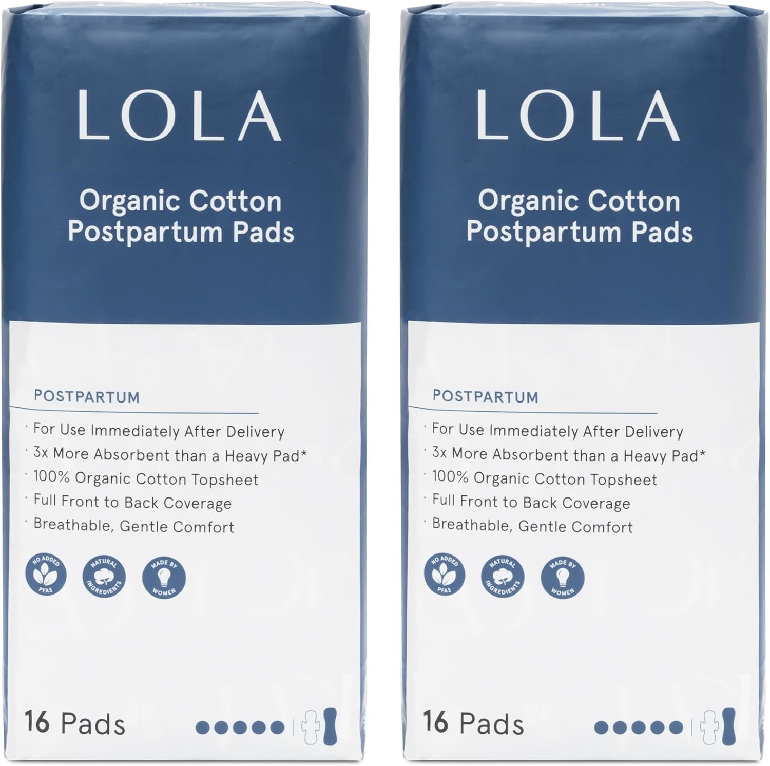 LOLA Organic Cotton Postpartum Pads – Max Absorbency Pads for Postpartum Bleeding – Extra-Long Overnight Liners for Women – Hospital Bag Essentials – 32 Count, Unscented