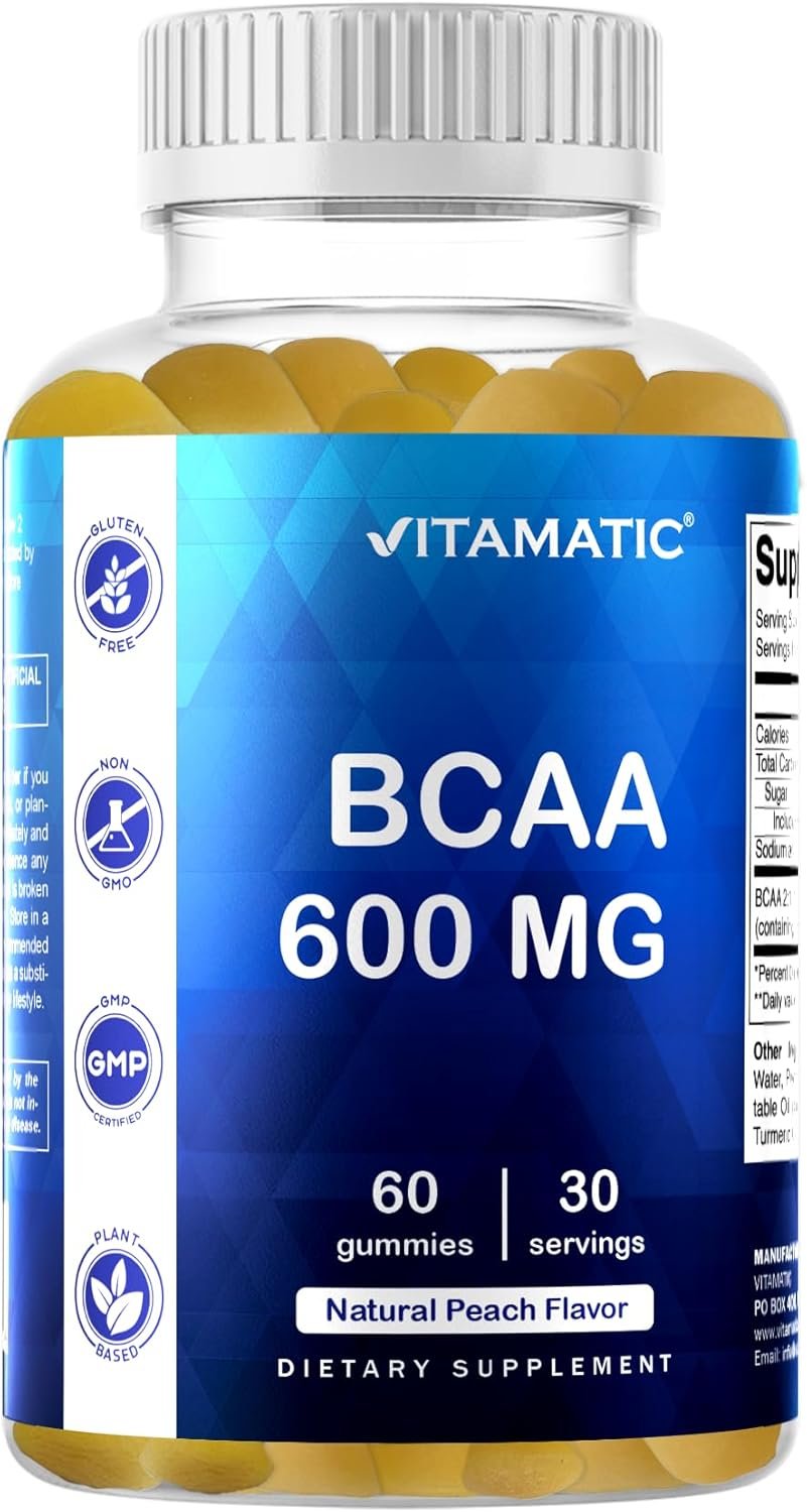 Vitamatic BCAA Gummies – Branch Chain Amino Acid Supplements – Peach Flavor – 600mg per Serving – 60 Vegan Pectin Based Gummies (1 Bottle)