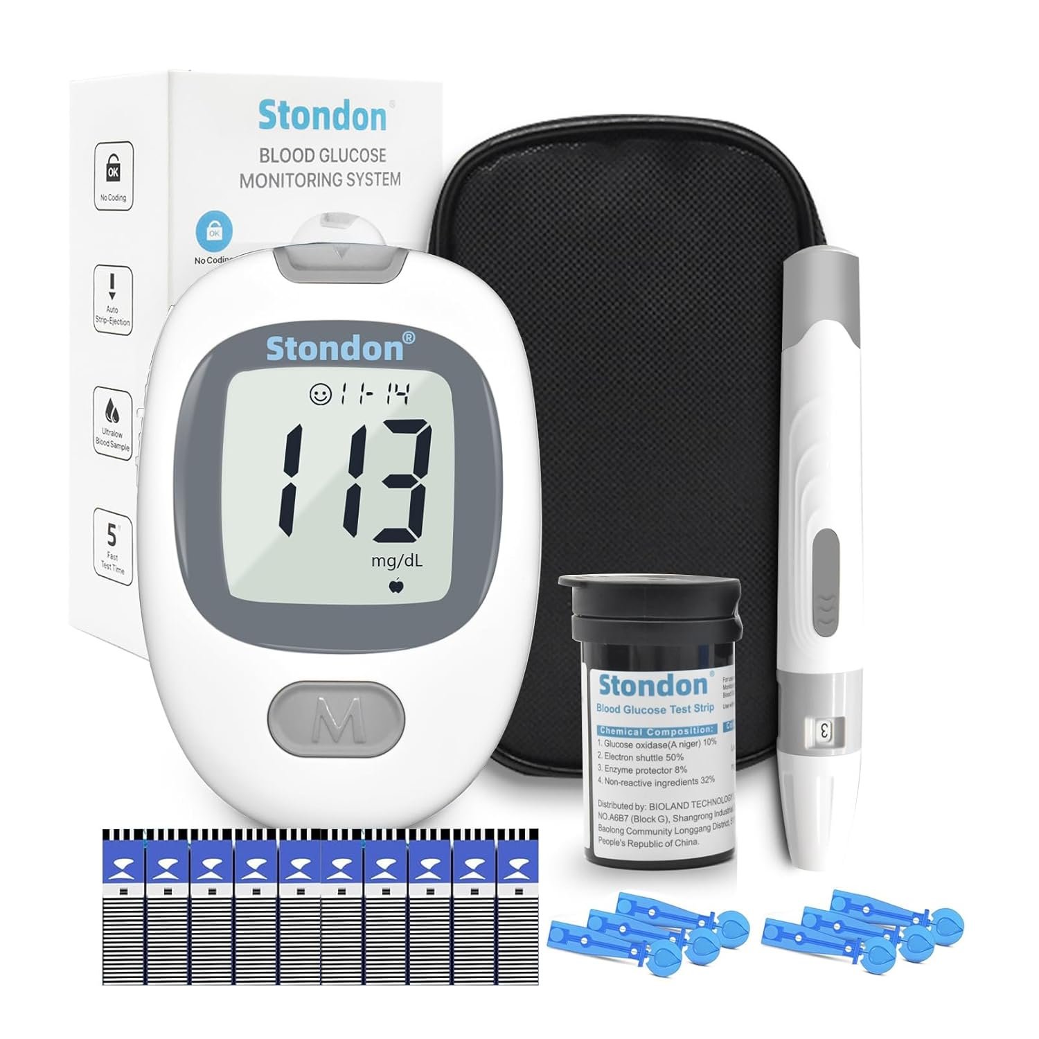 G430 Blood Glucose Monitor Kit, 50 Test Strips & 50 Lancets, 1 Control Solution, 1 Blood Sugar Monitor, 1 Lancing Device, Diabetes Testing Kit, No Coding, Large Display, Glucometer for Home Use