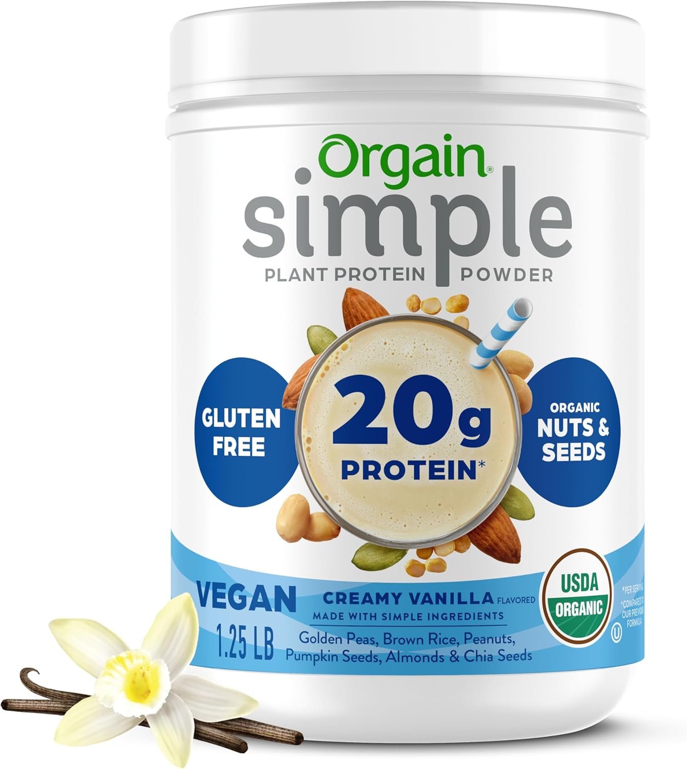 Orgain Organic Simple Vegan Protein Powder, Vanilla – 20g Plant Based Protein, Made with less Ingredients, No Artificial Sweeteners, Gluten Free, No Dairy or Lactose, 1.25 lb (Packaging May Vary)