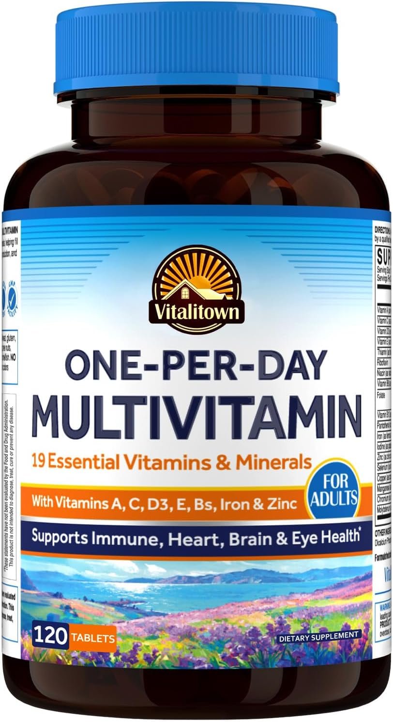 Vitalitown Multivitamin for Women & Men, with Iron, Zinc, Vitamin D3, A, C, B, E, 19 Key Nutrients, One Per Day, for Energy, Immune, Brain, Heart Support, 120 Tablets