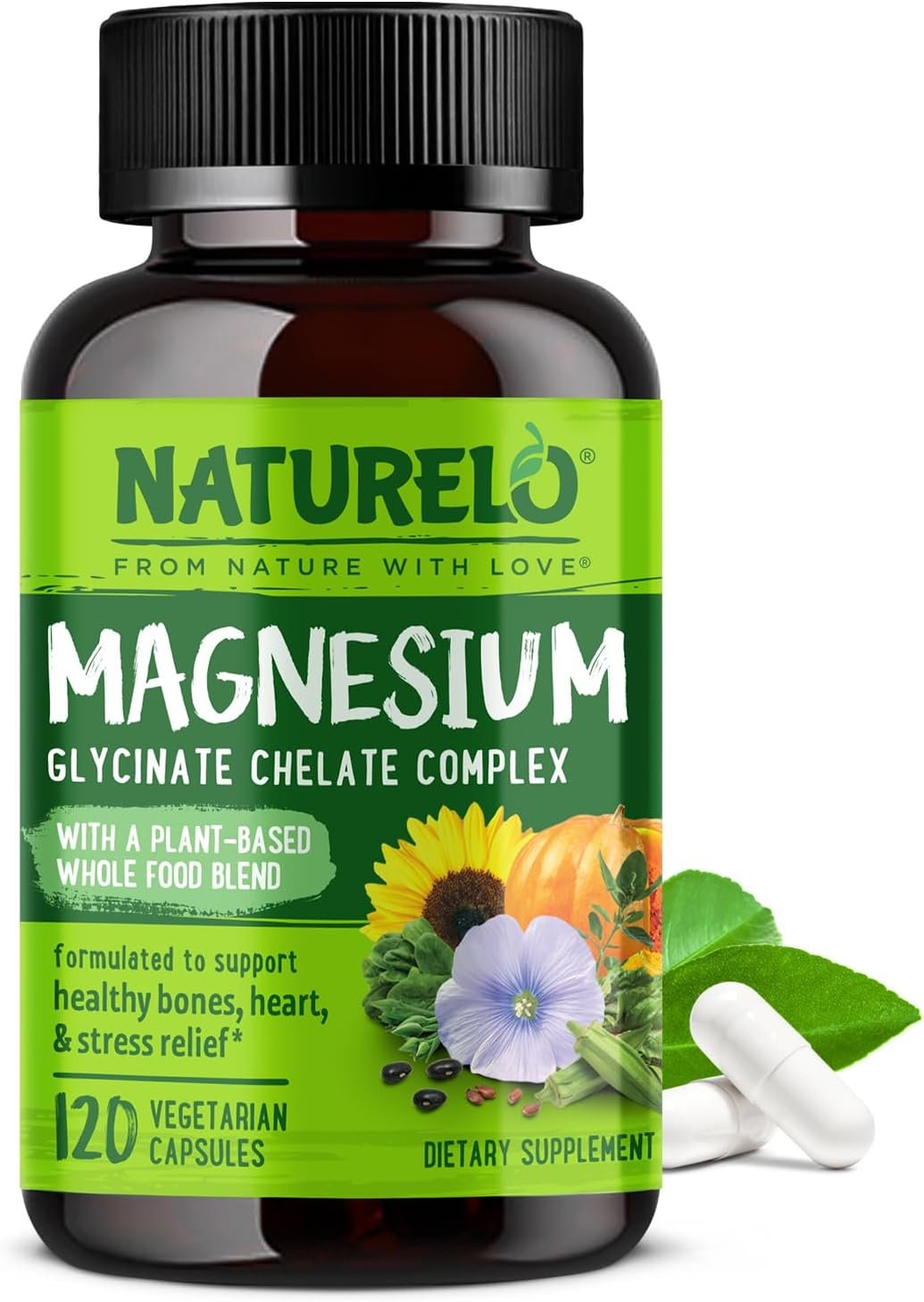 NATURELO Magnesium Glycinate Chelate Complex – 200 mg Magnesium with Organic Vegetables to Support Sleep, Calm, Muscle Cramp & Stress Relief – Gluten Free, Non GMO – 120 Capsules