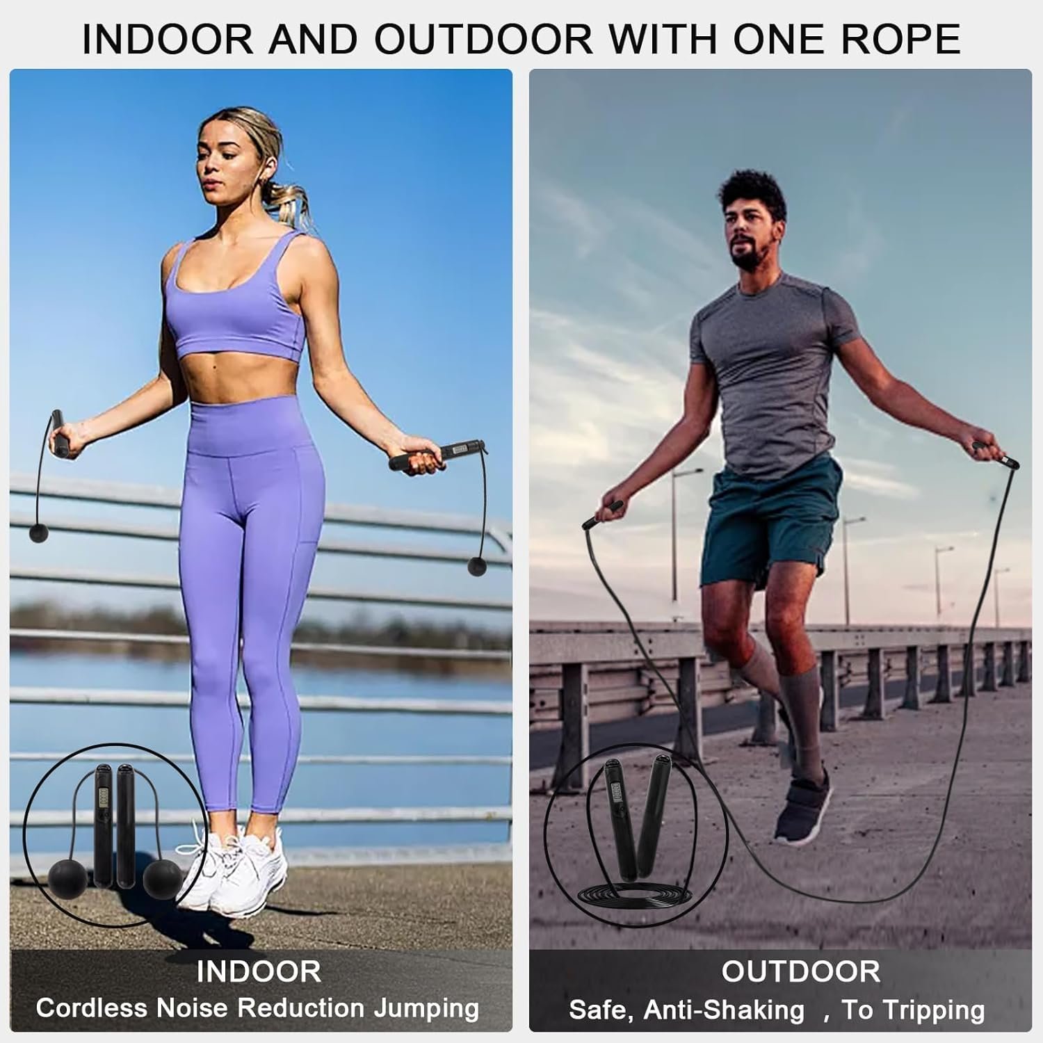 Jump Rope with Counter, 2-in-1 Weighted Corded & Cordless Skipping Rope with LCD Display, Adjustable Length Steel Ball Bearings for Calorie/Count Tracking – Smart Jump Rope for Adults Home Gym Fitness Workouts