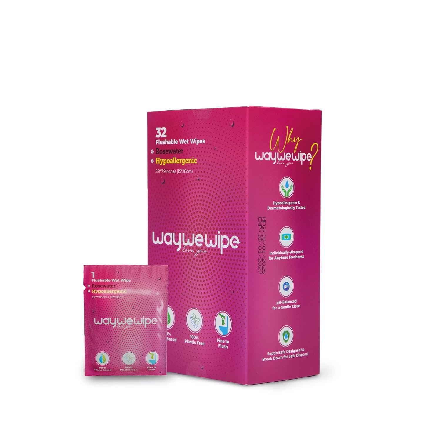 On-The-Go Flushable Feminine Wet Wipes, 32 Count XL Individually Wrapped Female Wipes, Hypoallergenic 100% Plant Based Septic Safe, Travel Size Adult Cleansing Cloth for Women, Rosewater