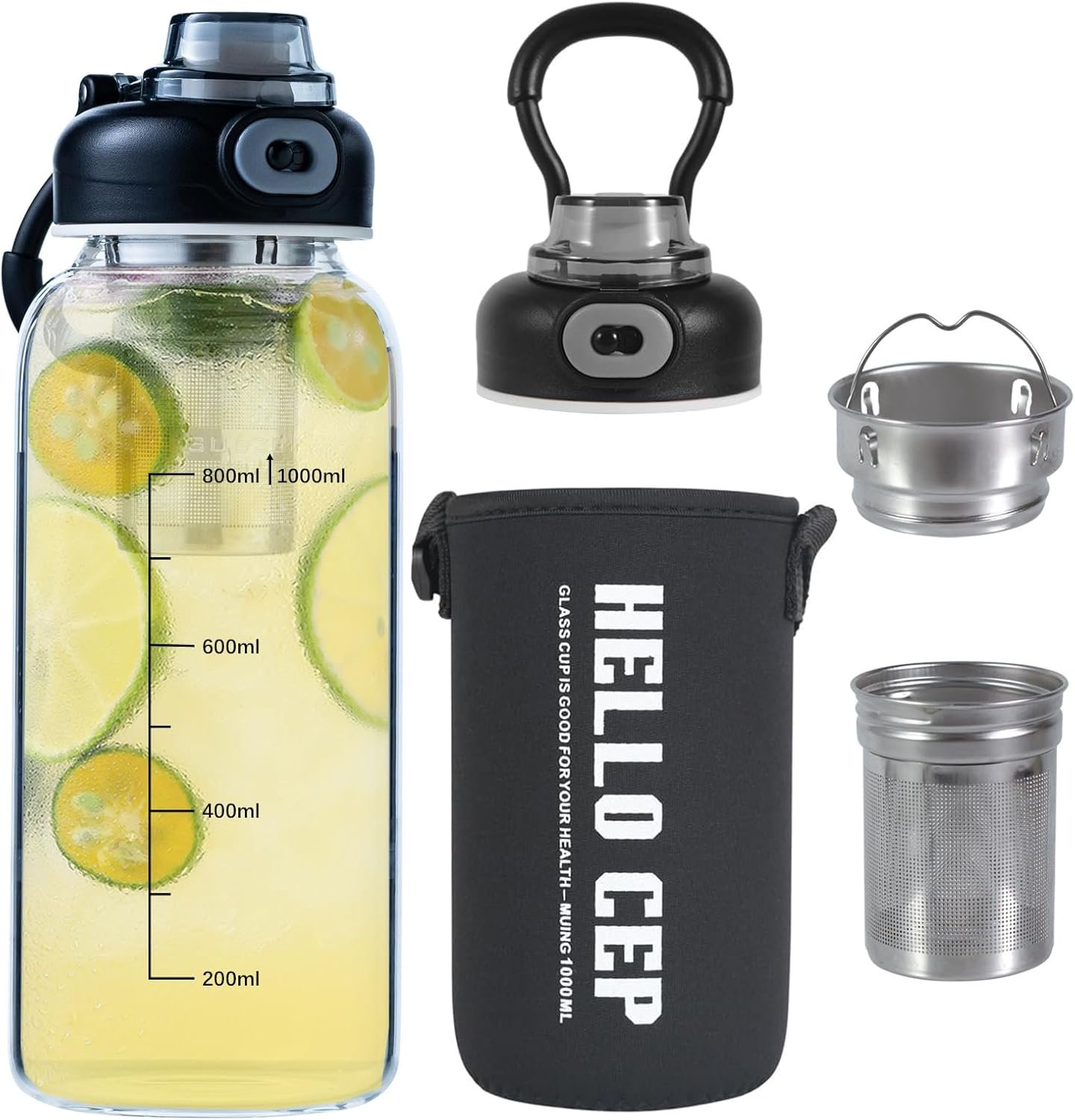 34oz tea bottle with infuser – Large Capacity Glass Water Bottle, With Time Mark, Stainless Steel Tea Strainer,Sleeve, BPA Free,For hot or cold drinks, coffee, tea and water