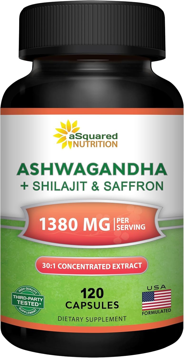 aSquared Nutrition Ashwagandha Supplements for Men & Women + Shilajit & Saffron – 120 Capsules – Extra Strength 30:1 Extract – Pure Root Powder Complex – Pills Alternative to Gummies & Drops