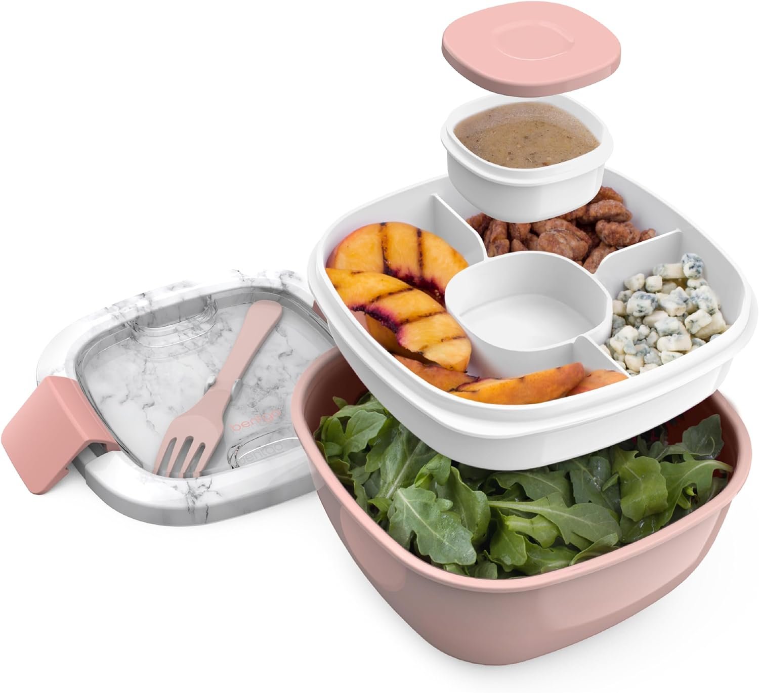 Bentgo Salad Container – 54 oz Bowl with 4-Compartment Toppings Tray, Dressing Container, Reusable Fork, BPA-Free Lunch Box for Meal Prep & Food Storage; Removable Bento Tray (Blush Marble)