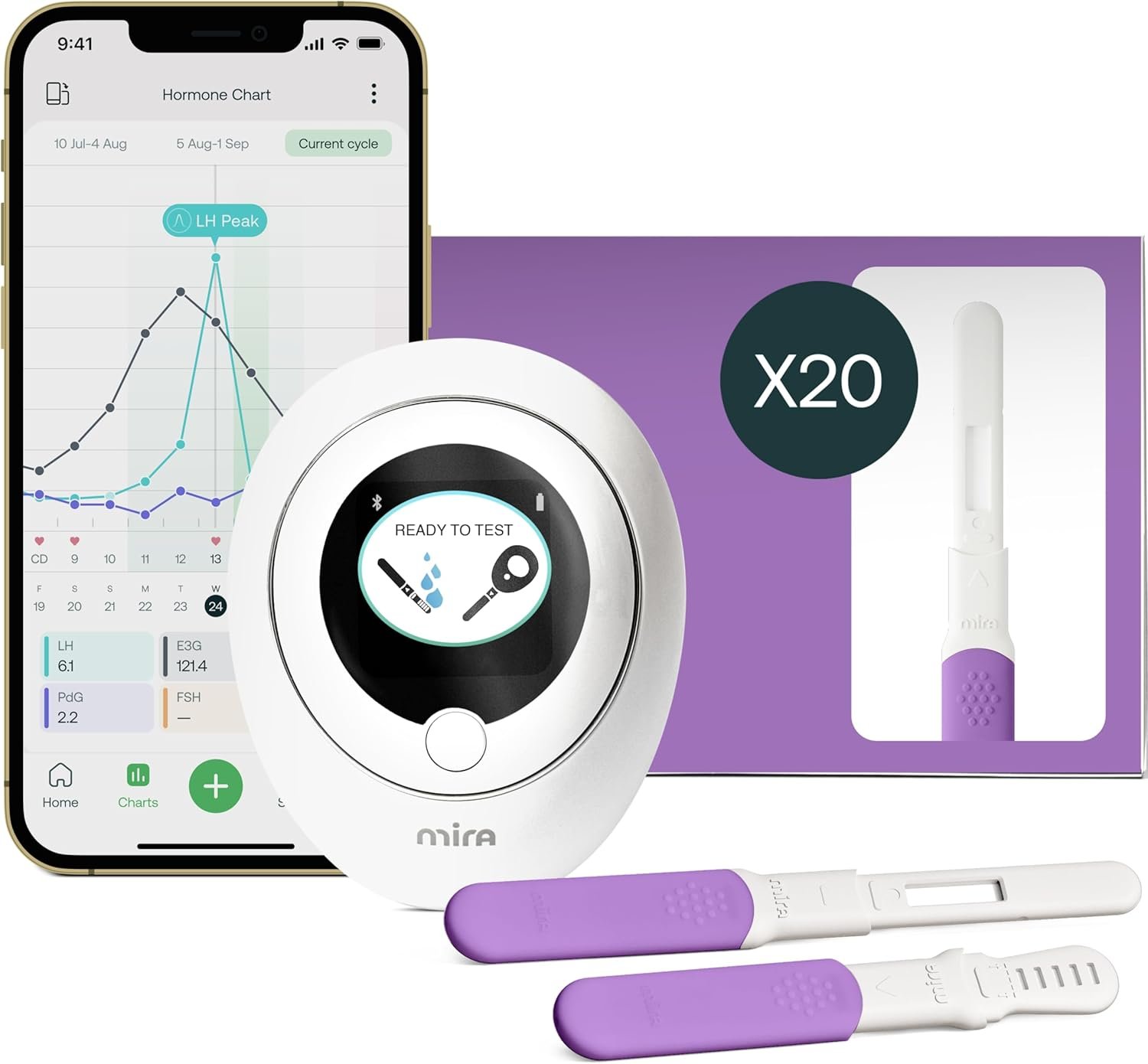 Mira Max Fertility Monitor & Ovulation Test Kit for Women, At-Home Hormone Tracker for LH, PdG & E3G, Digital Hormone Analyzer with 20 Test Wands, 7× More Accurate Than Other Fertility Trackers