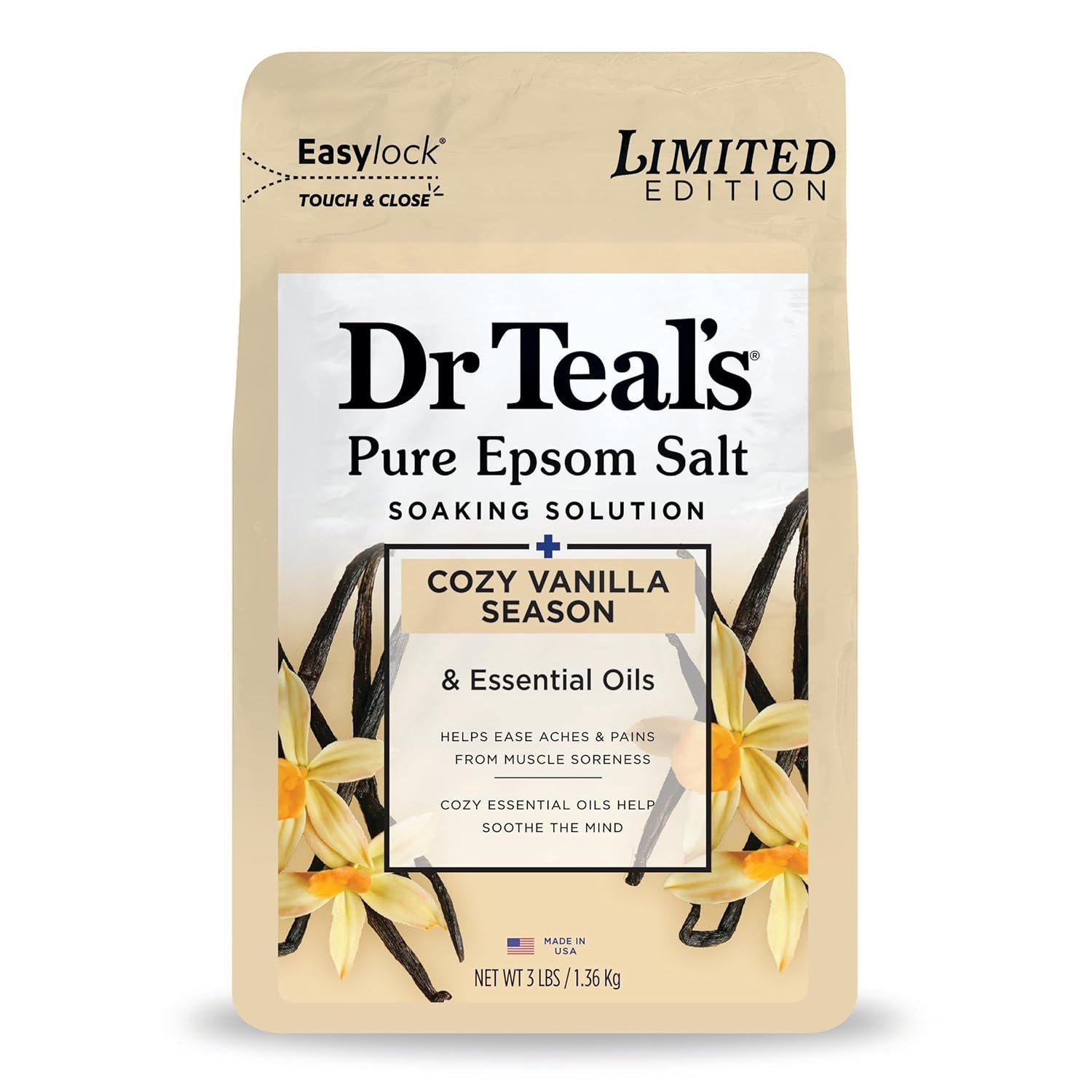 Dr Teal’s Epsom Salt Magnesium Soak, Limited Edition Cozy Vanilla Season, 3lbs