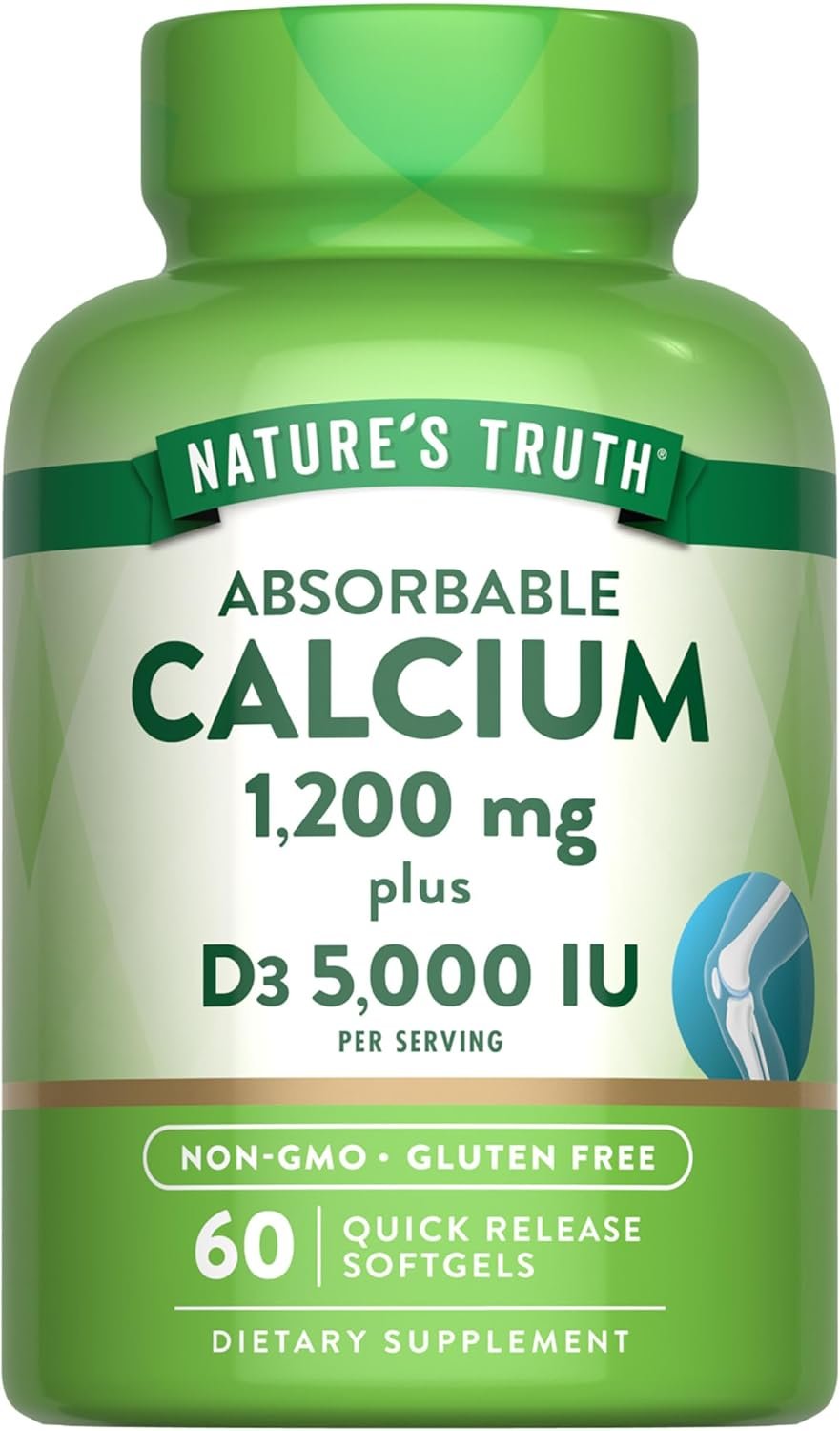Nature’s Truth Calcium 1200mg with Vitamin D3 5000 IU | 60 Softgels | from Calcium Carbonate | Non-GMO & Gluten Free Supplement