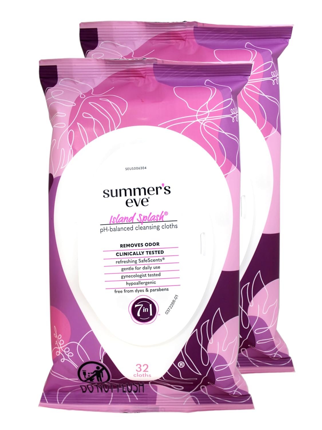 Summer’s Eve Island Splash Refreshing Daily Feminine Wipes, Removes Odor, pH Balanced, 32 Count – 2 Pack
